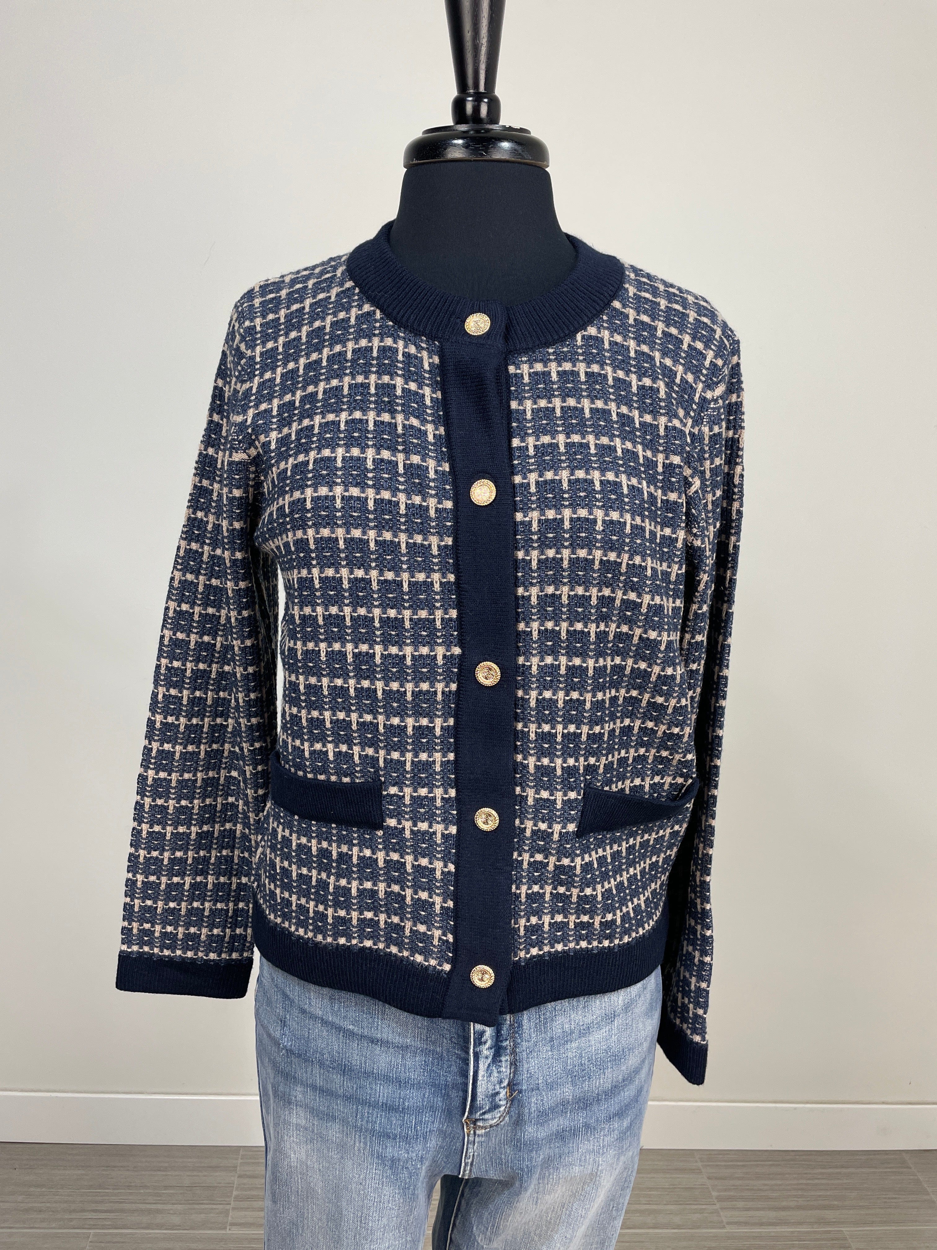 Navy Tweed Sweater With Gold Buttons