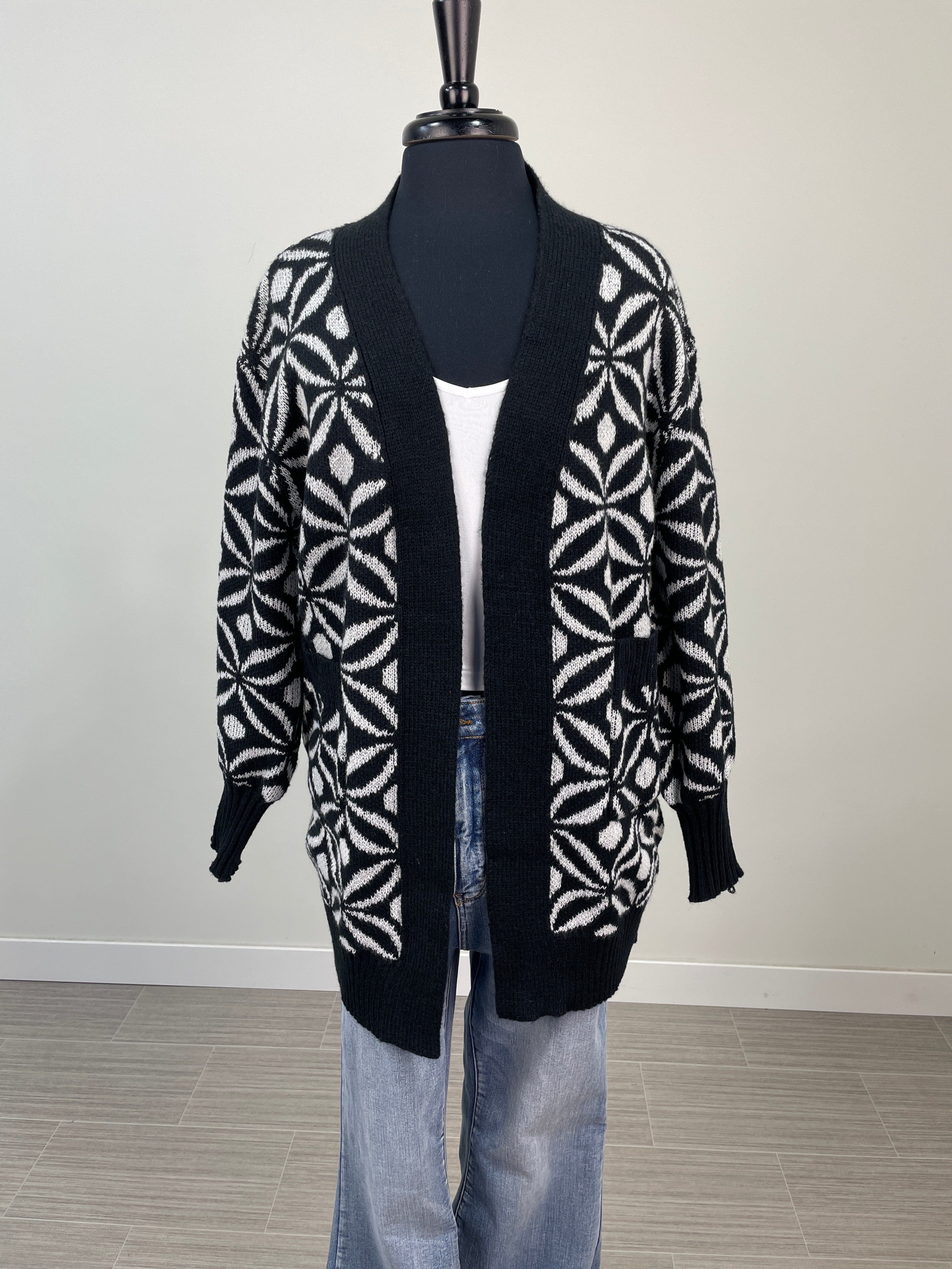 Black & White Floral Tile Cardigan