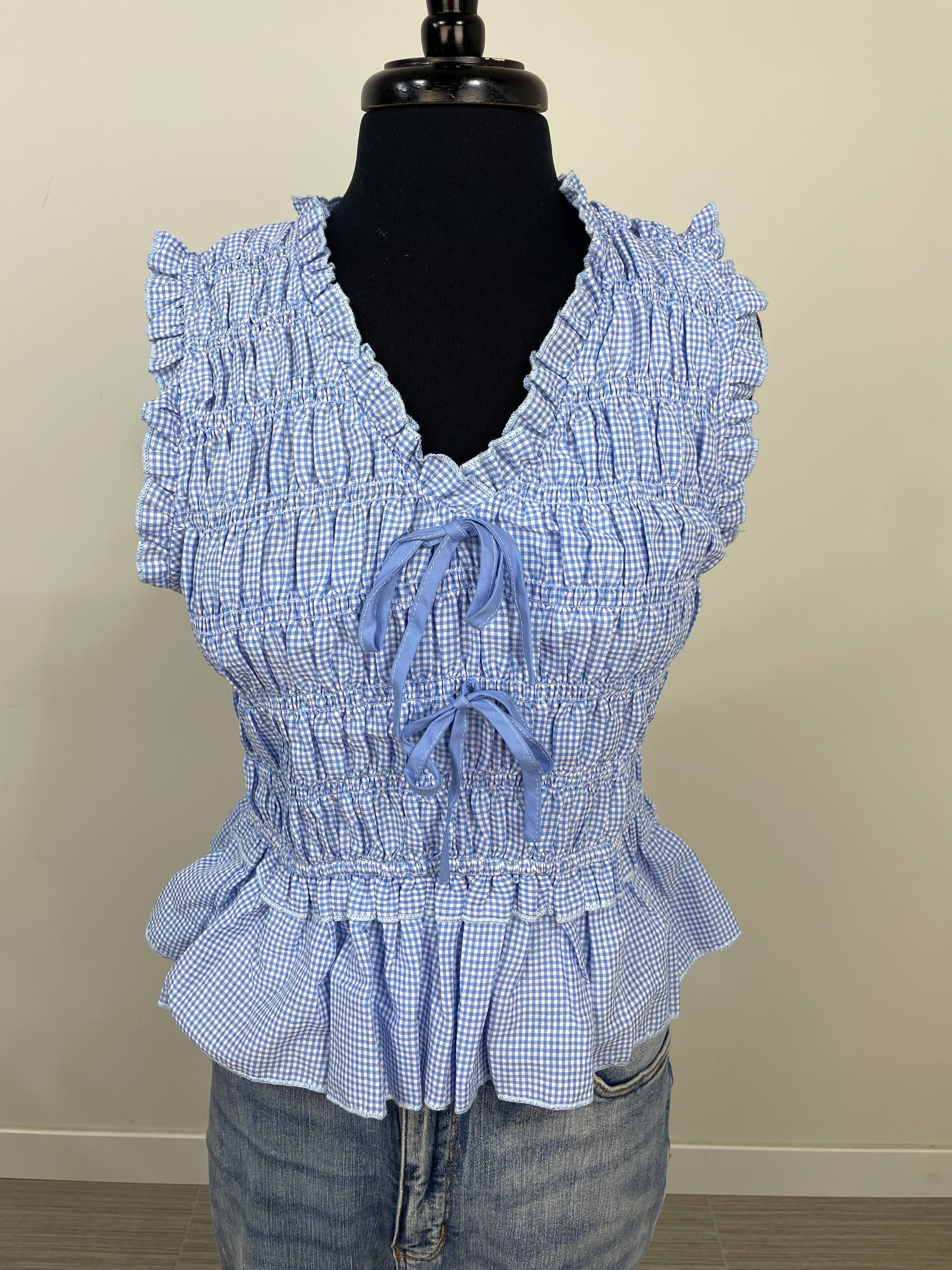 Chambray Mini Gingham Smocked Peplum Top