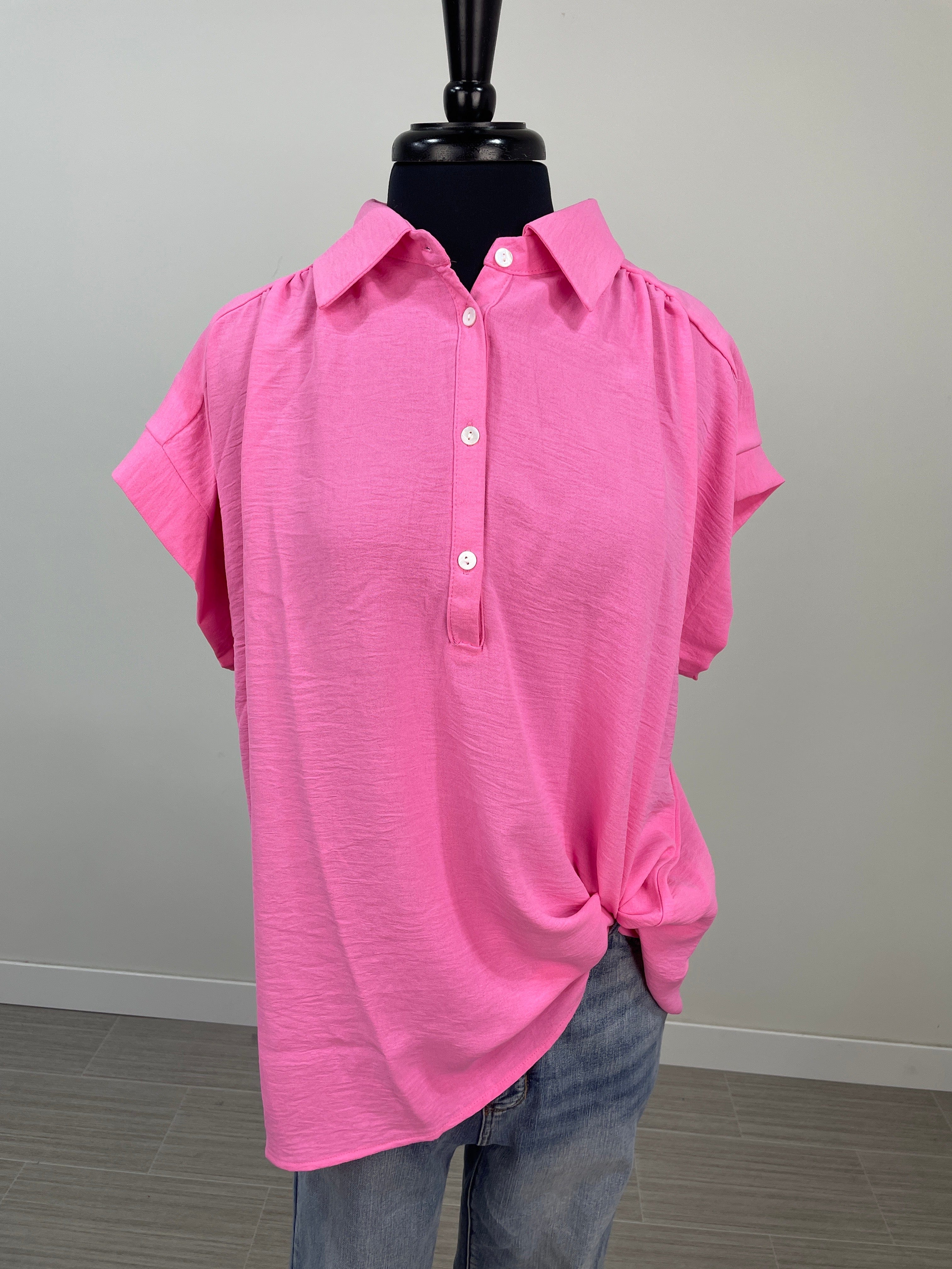 Candy Pink Button Collar Blouse
