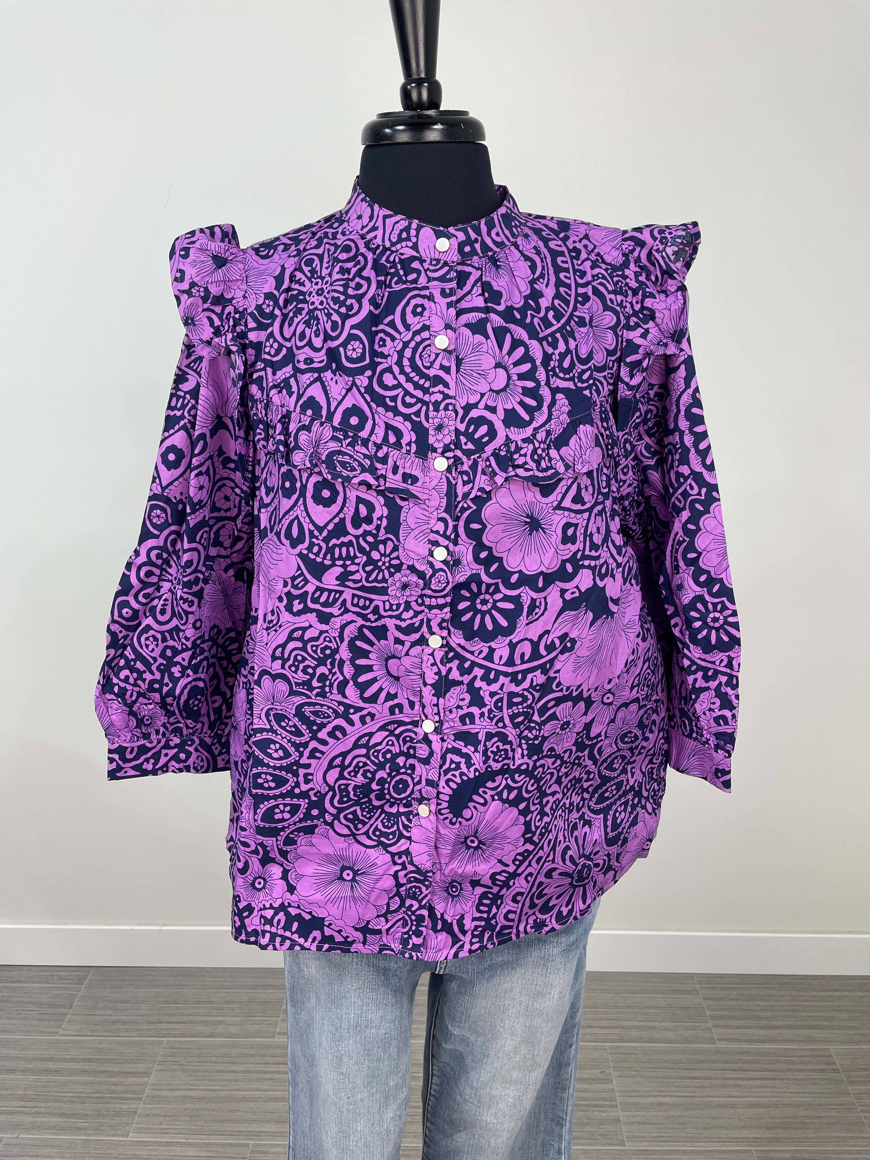 Eggplant Flutter Sleeve with Pearl Snap Buttons Blouse