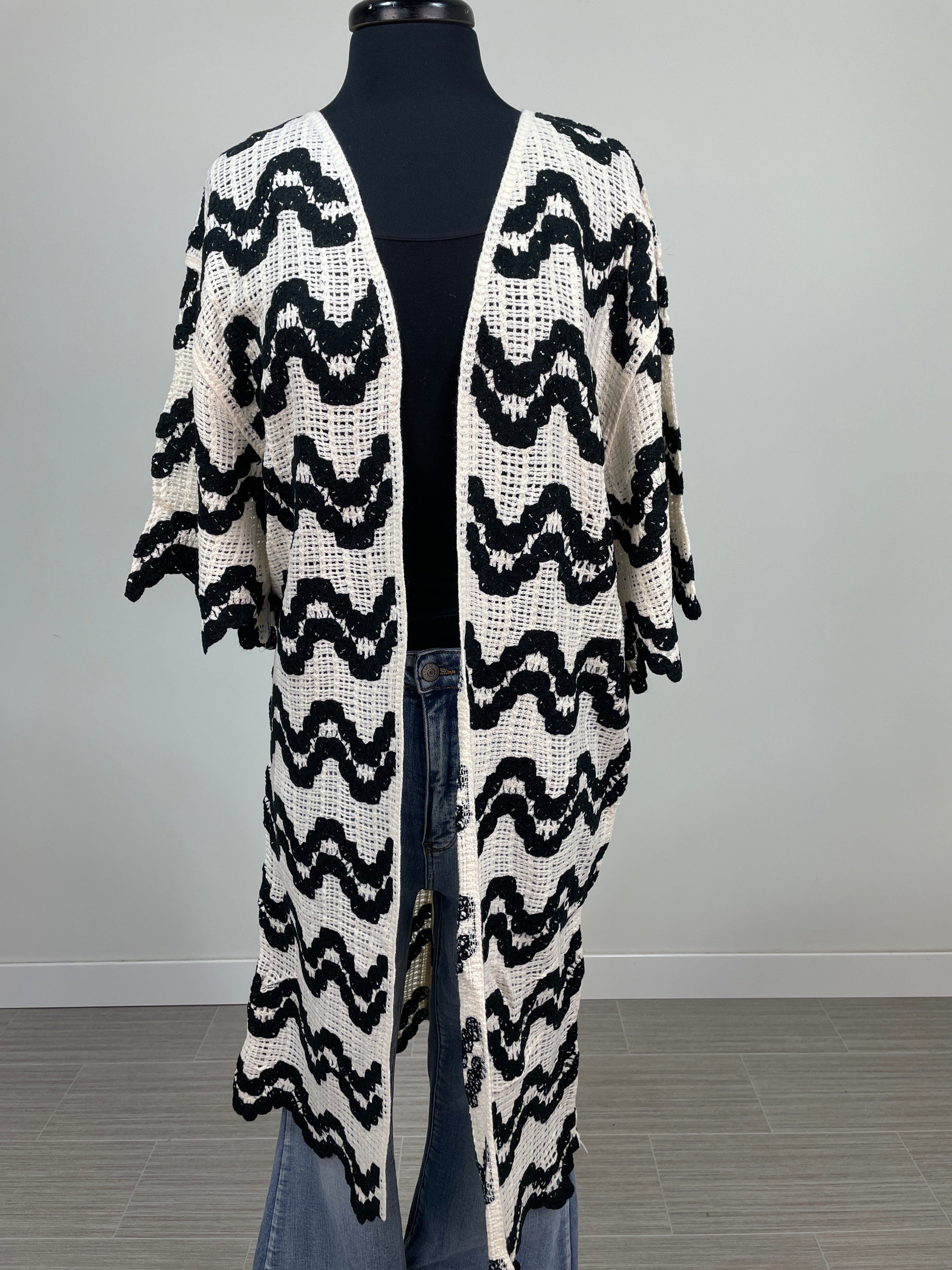 Black & Cream Wave Pattern Crochet Cardigan