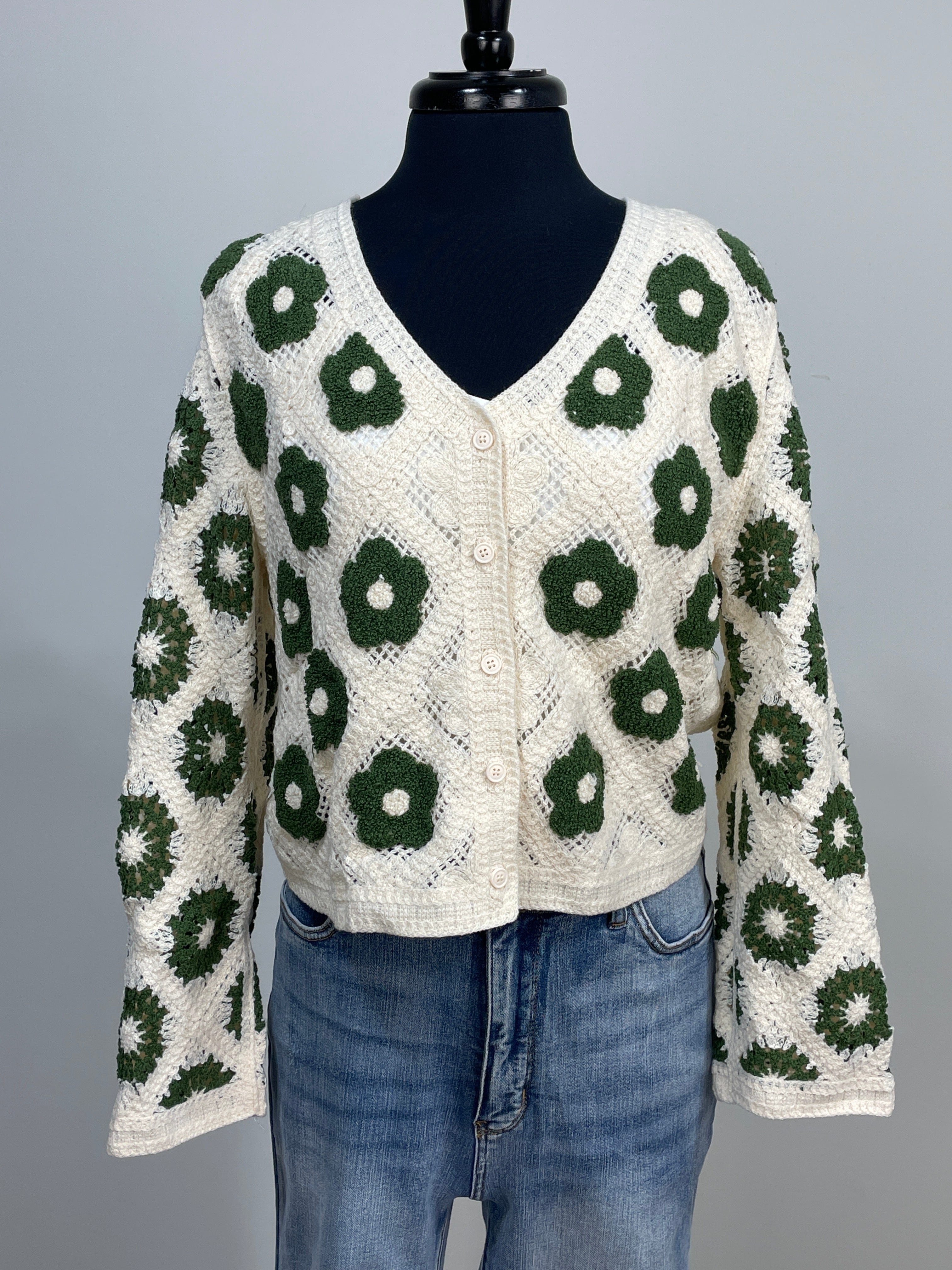 Green Flower Crochet Cropped Cardigan