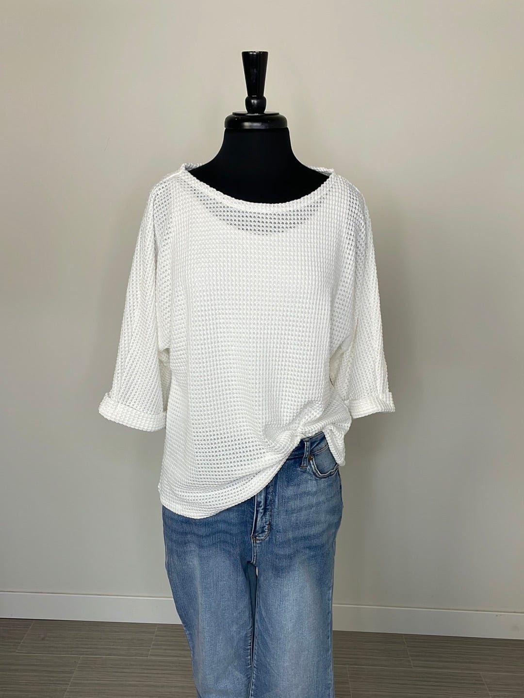 Ivory Waffle Cuffed Sleeve Top