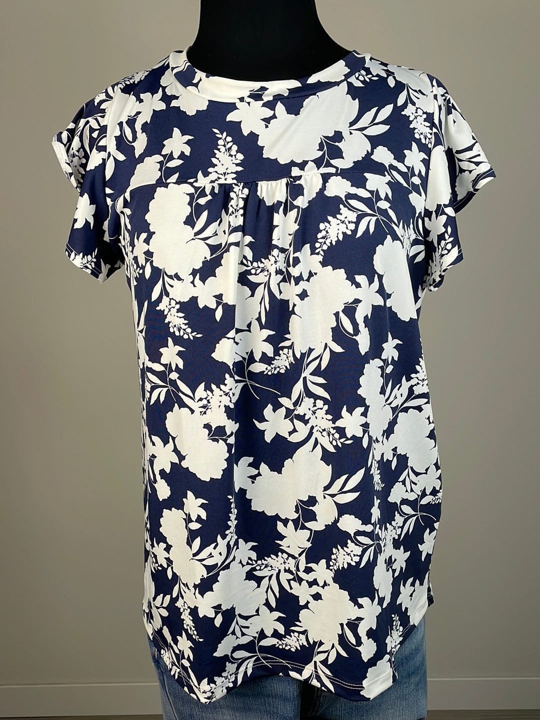 Navy & Ivory Floral Cap Sleeve Top