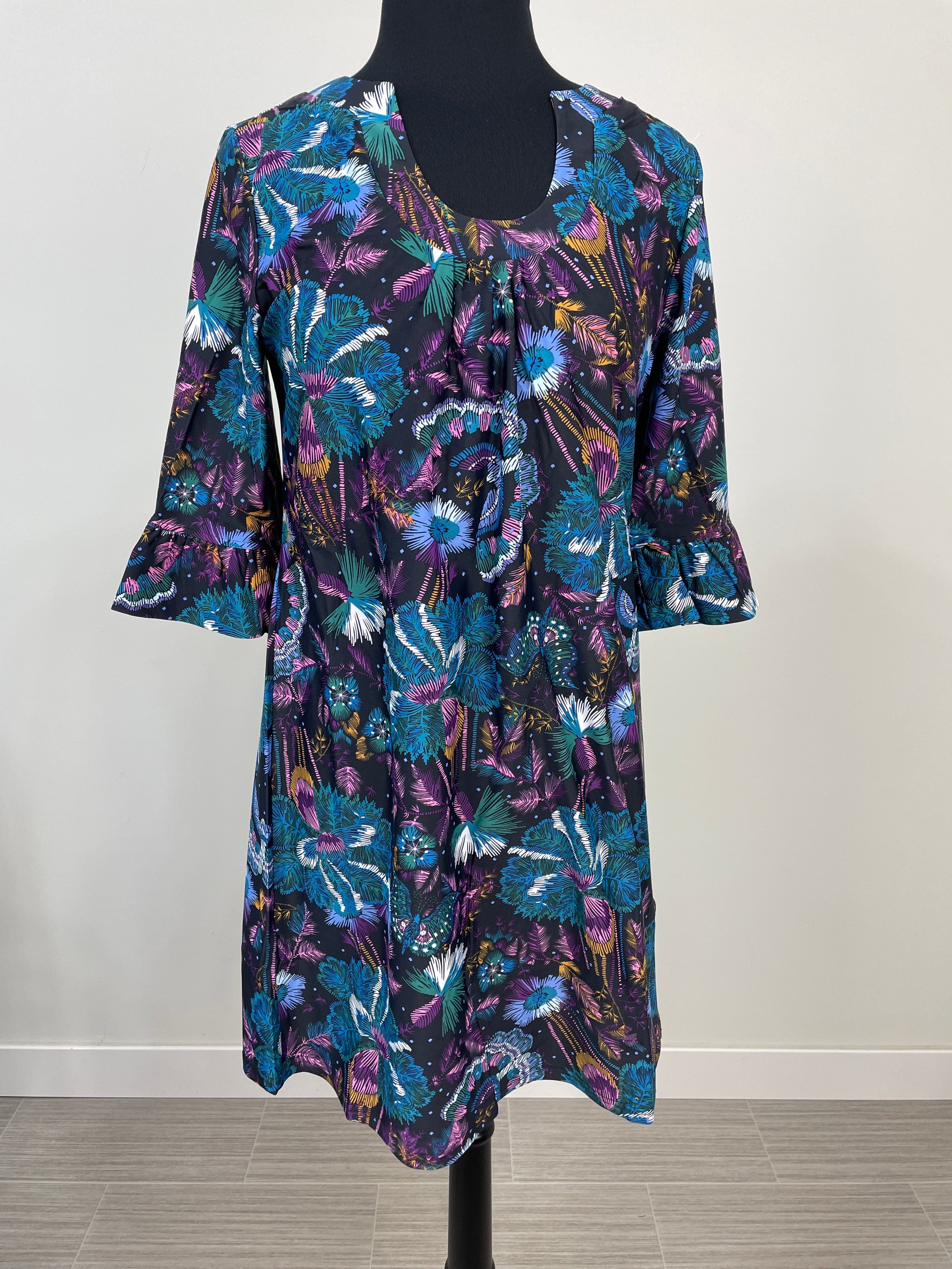 Navy & Teal Floral Nicole Ruffle Sleeve Dress
