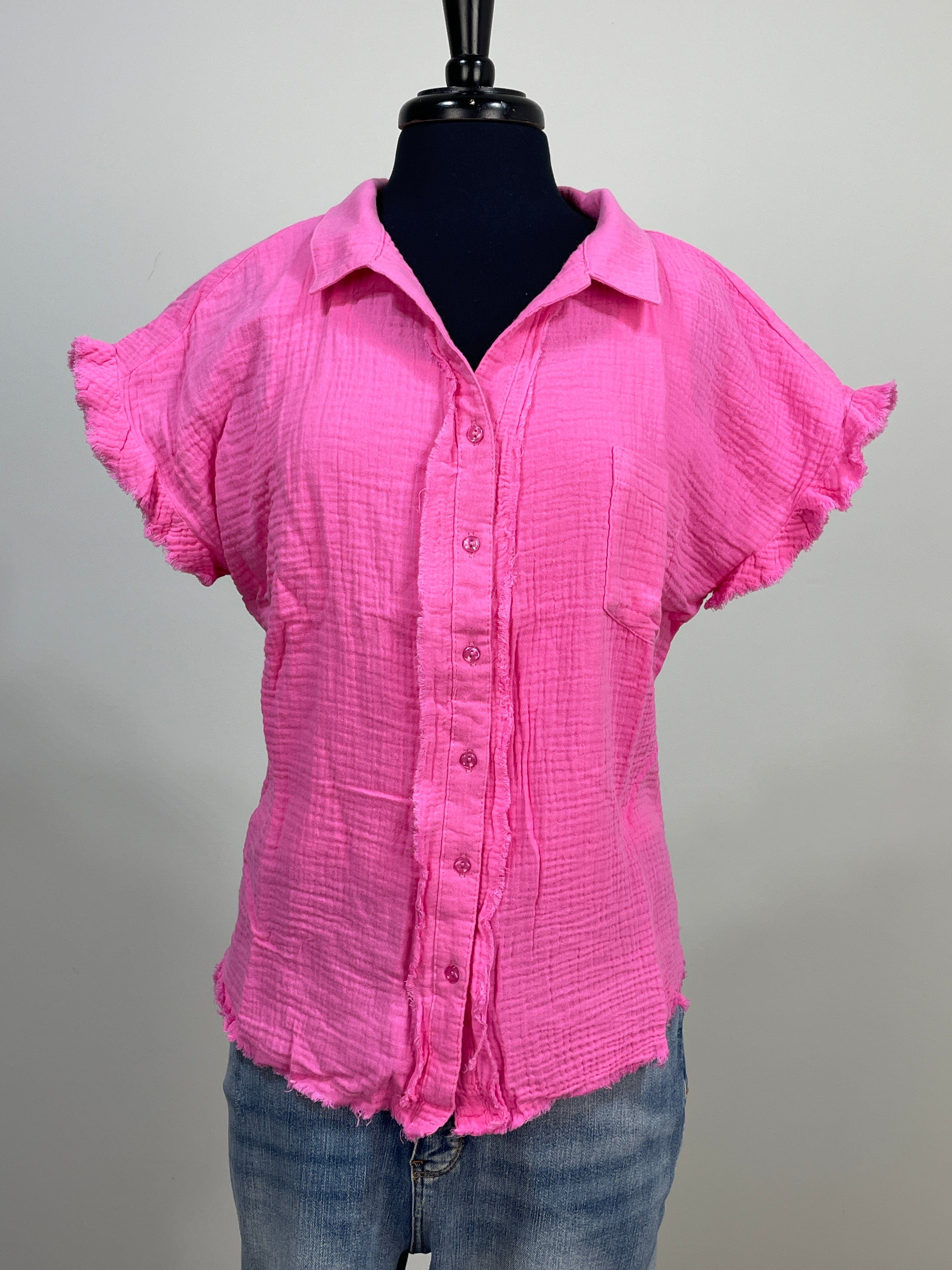 Bubble Gum Gauze Button Up Top