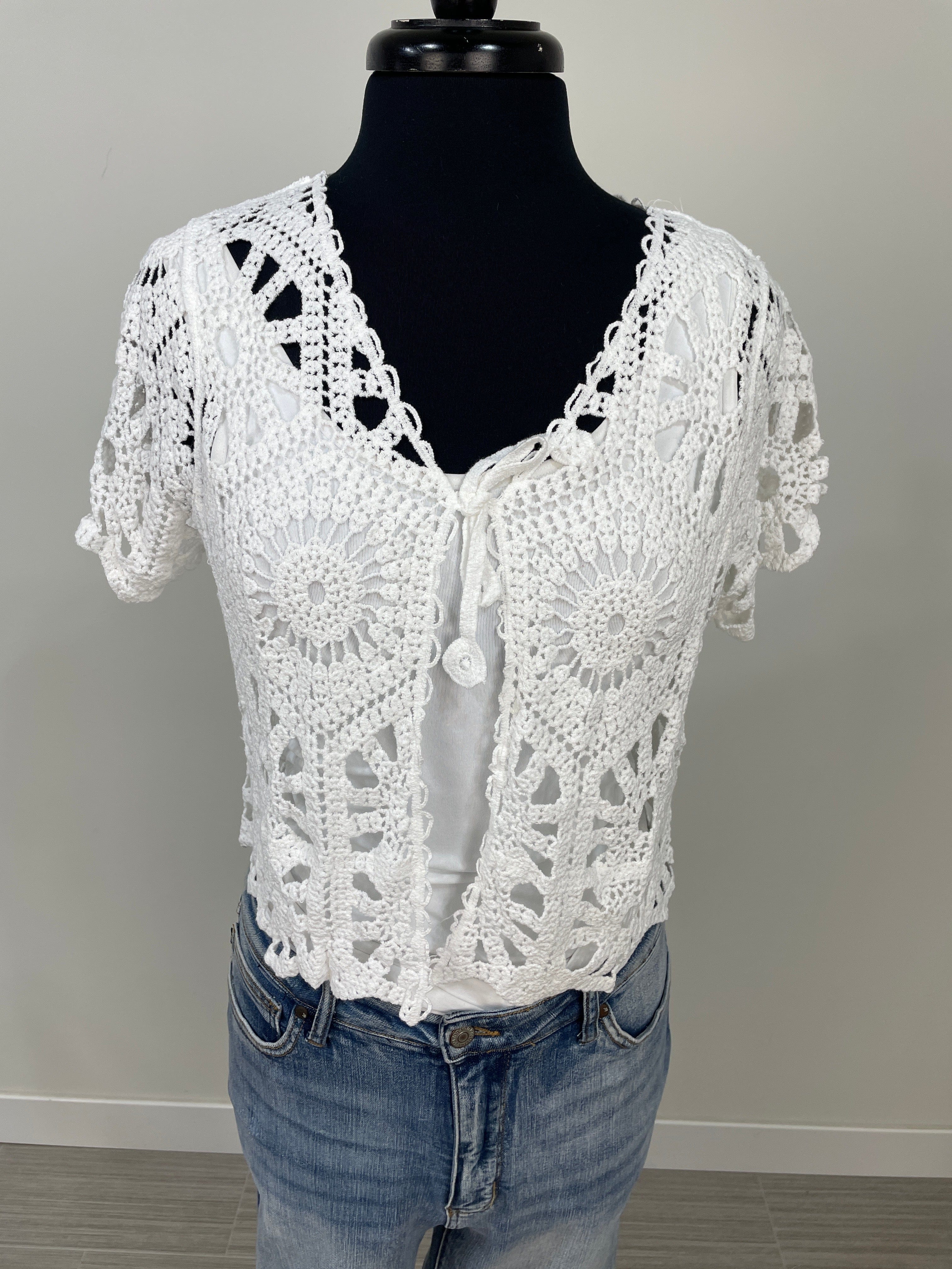 White Crochet Tie Front Cardigan