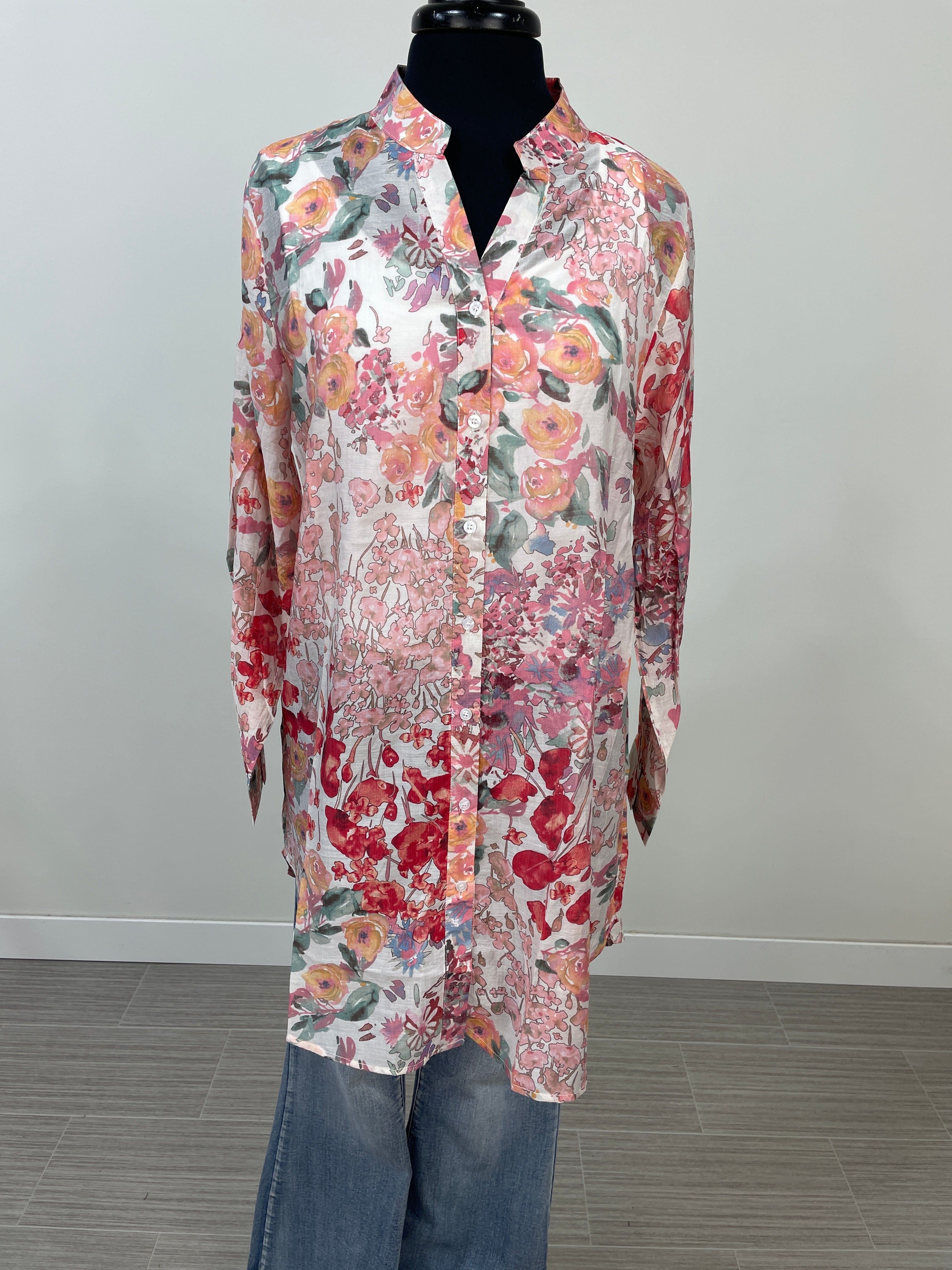 Pink Floral Button Down Tunic Blouse