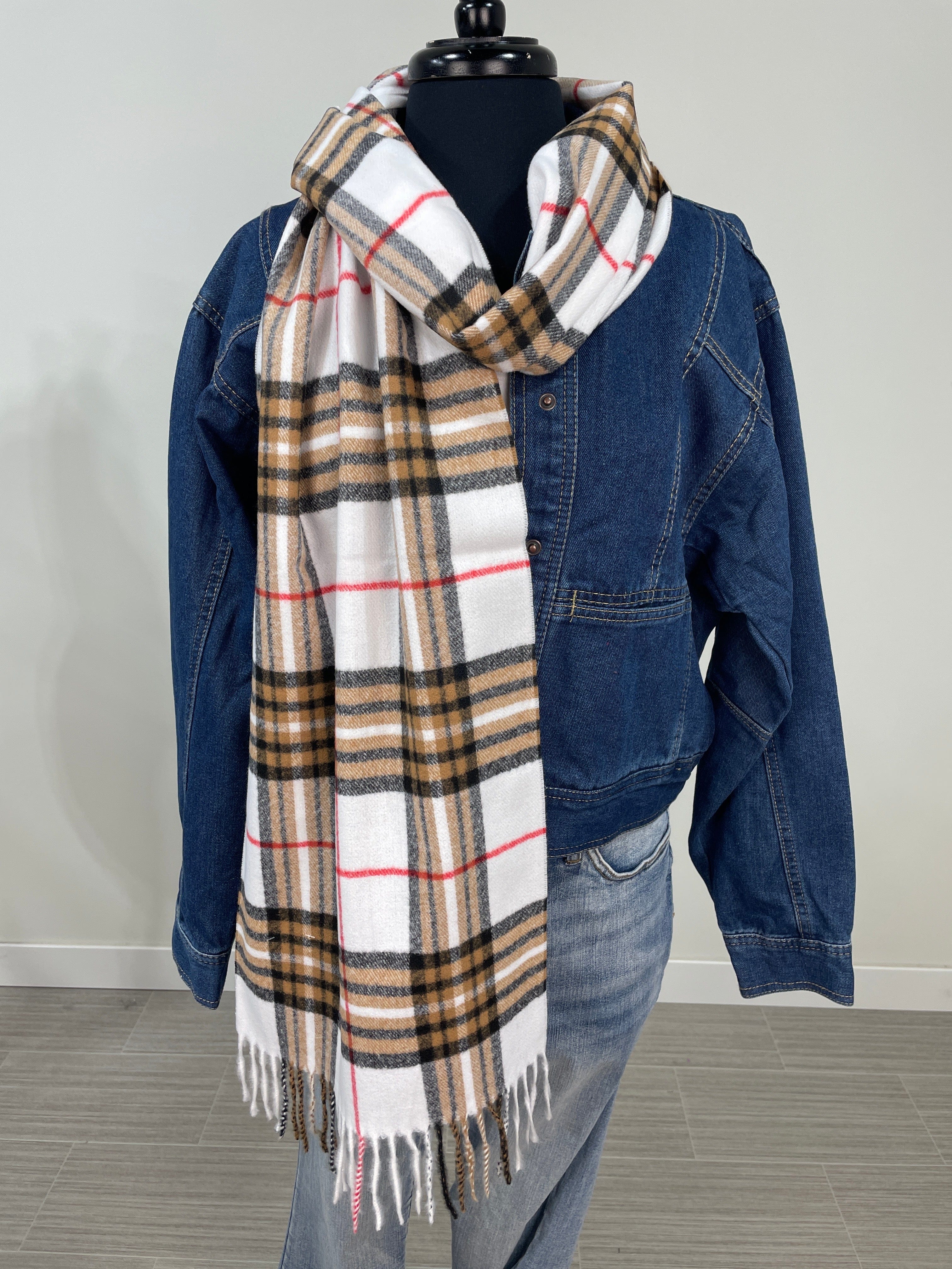 White & Tan Plaid Cashmere Feel Scarf
