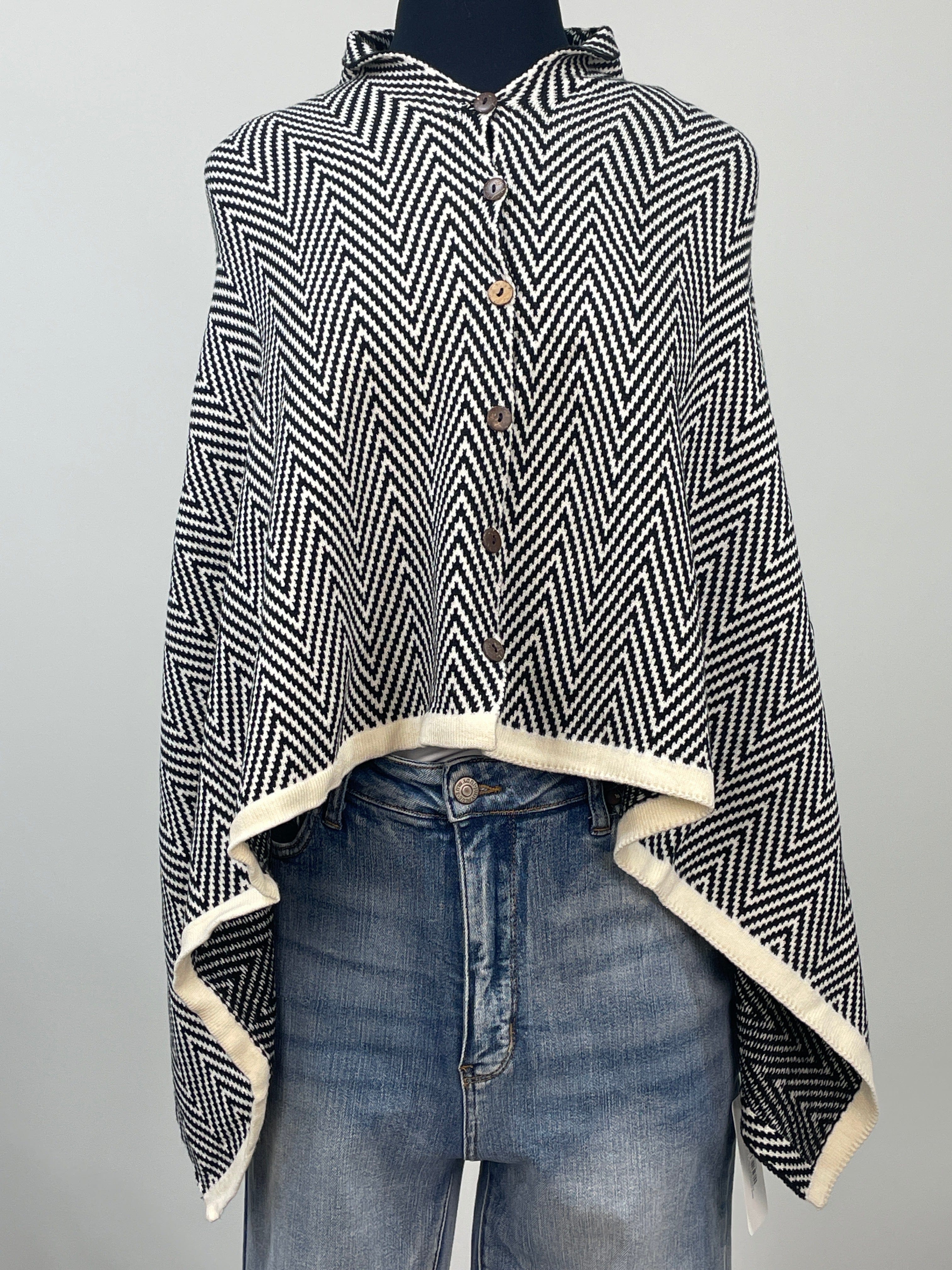 Black Chevron Button Versatile Poncho