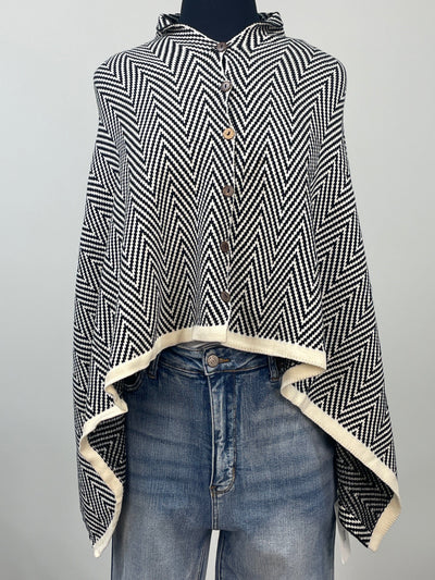 Black Chevron Button Versatile Poncho