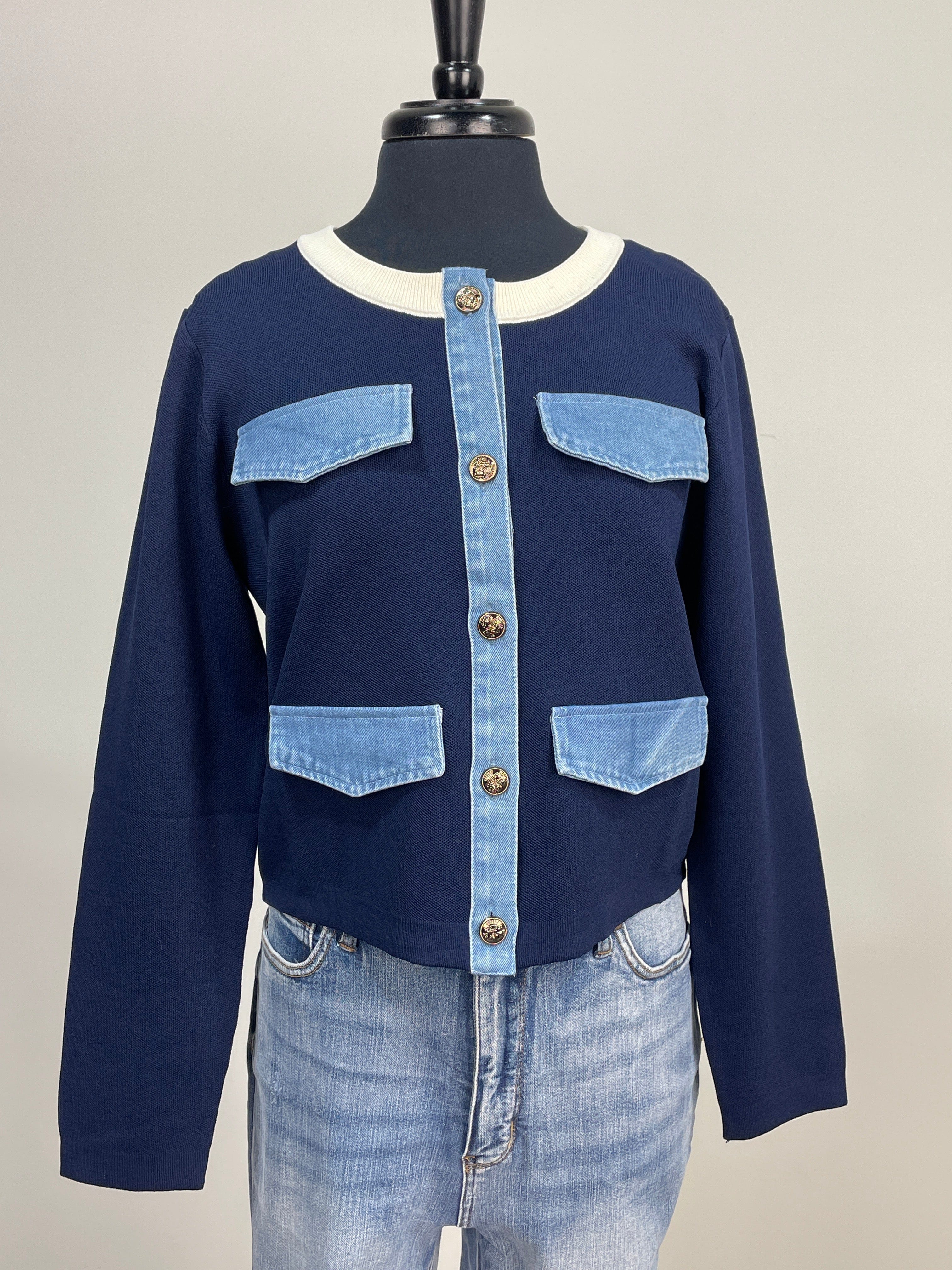 Navy Preppy Denim Detail Sweater