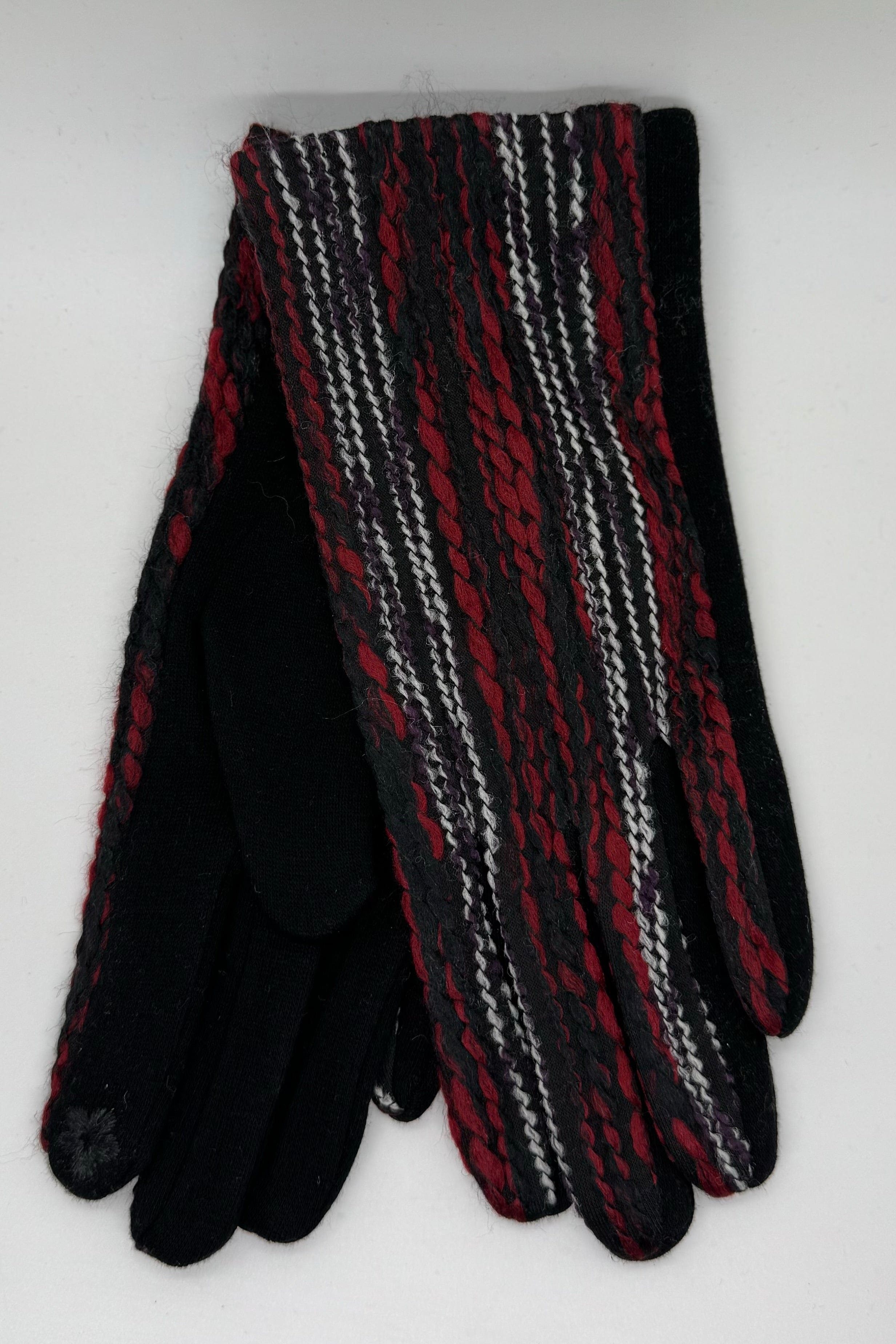 Maroon & White Striped Yarn Gloves