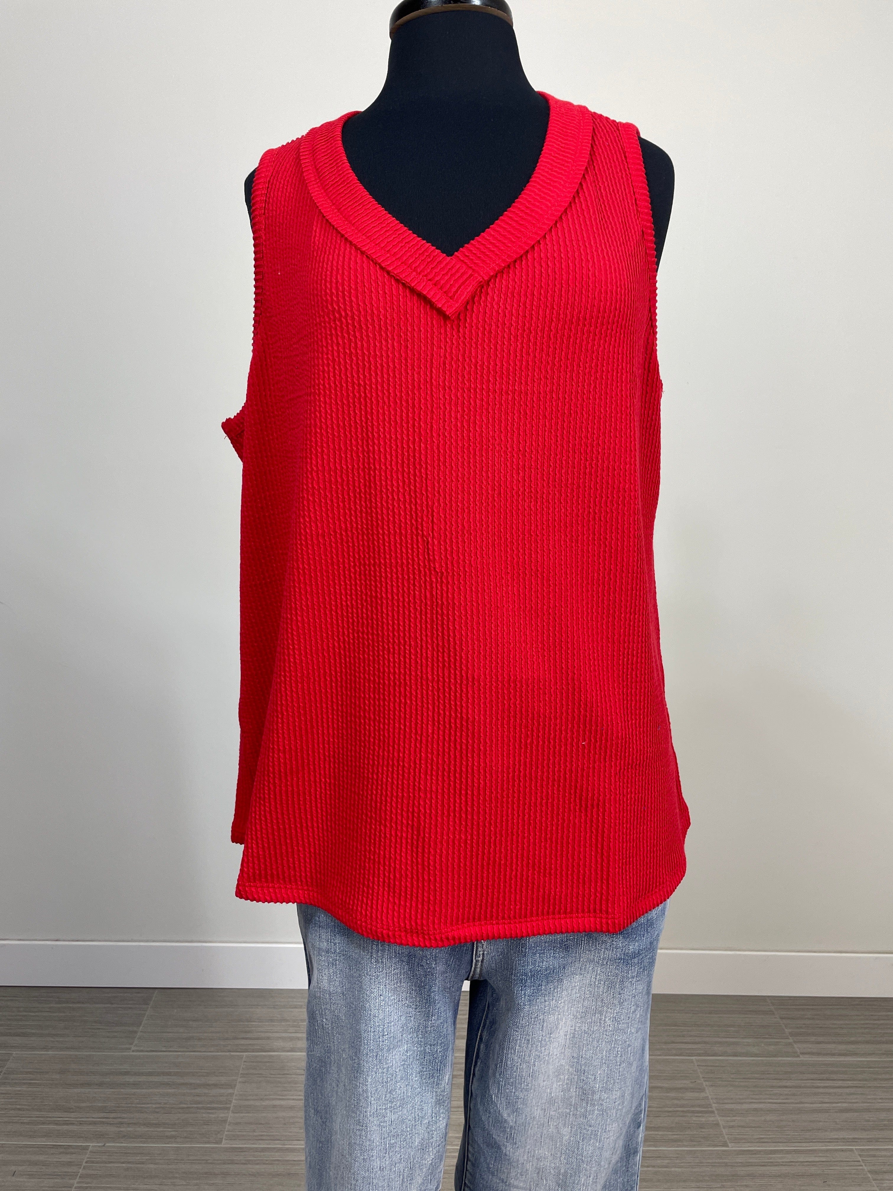 Red Ribbed VNeck Tank