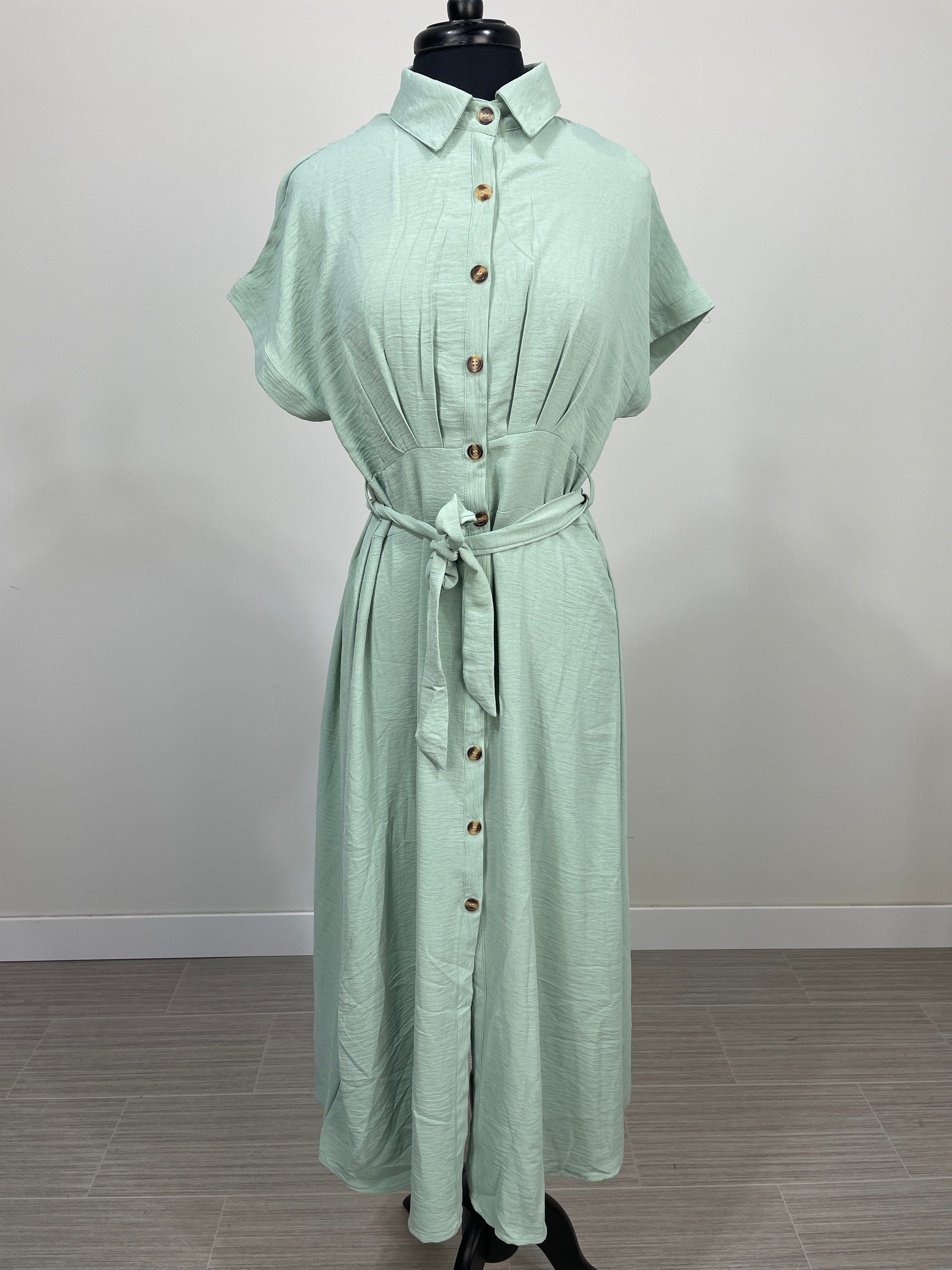 Sage Long Button Dress w/Belt