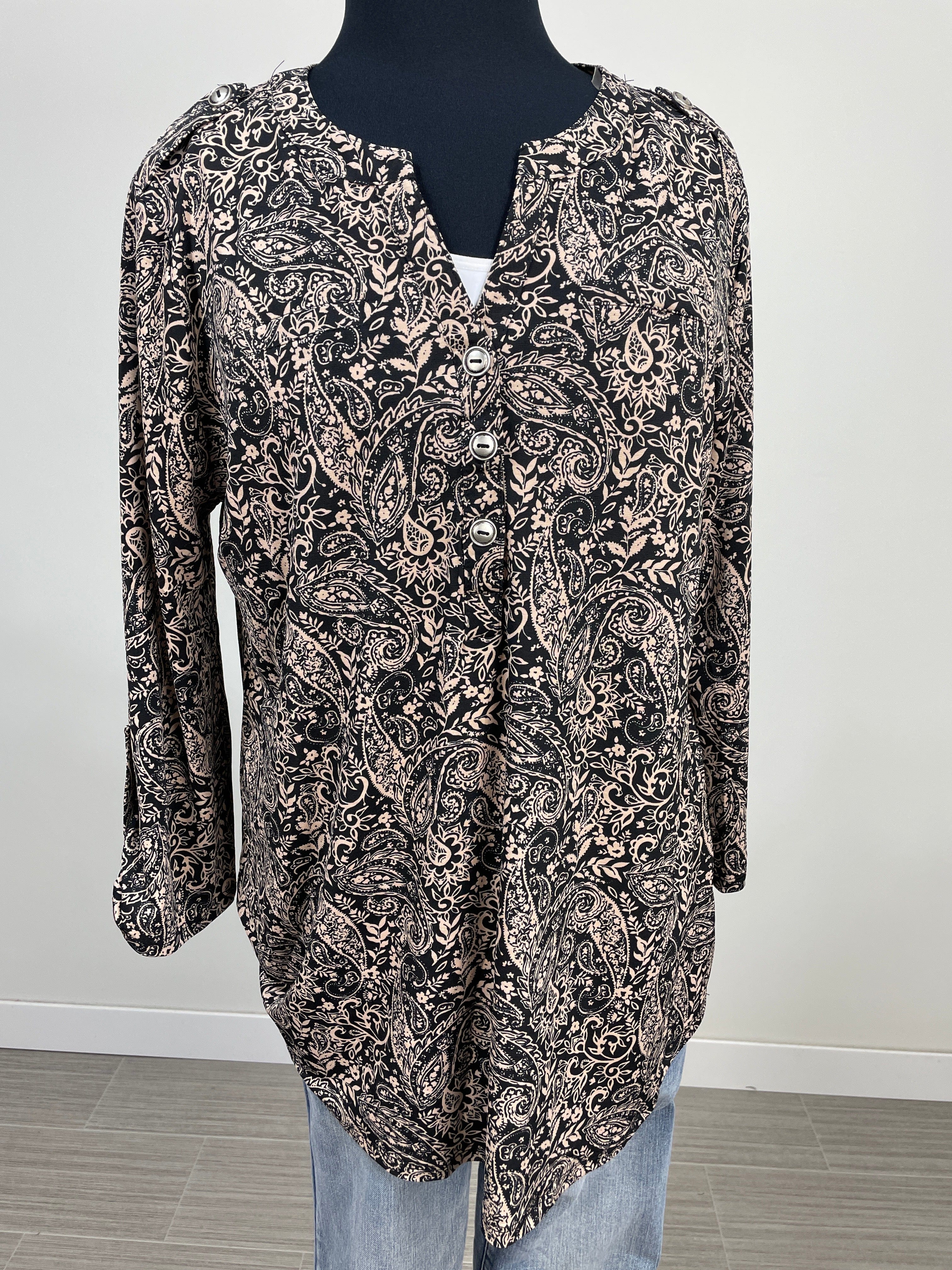 Black & Tan Paisley Button Lizzy Blouse