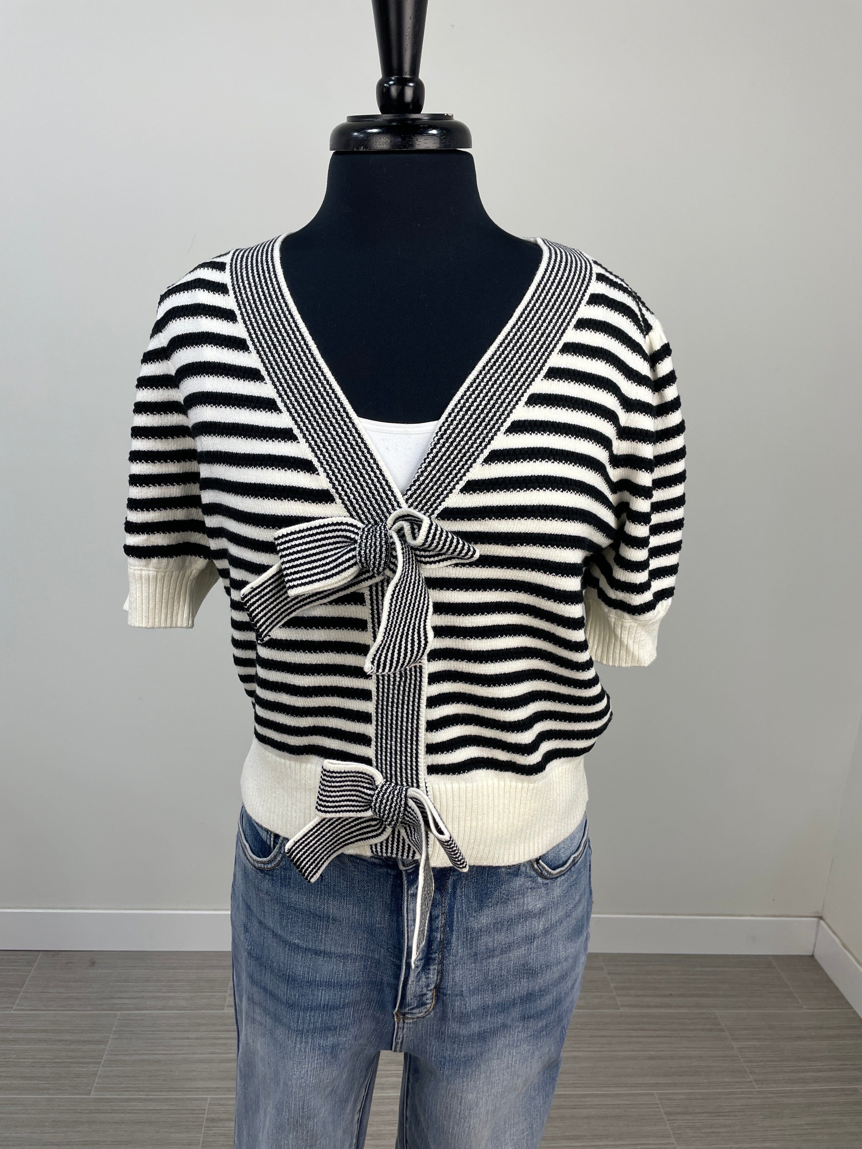 Black Stripe Bow Crop Cardigan