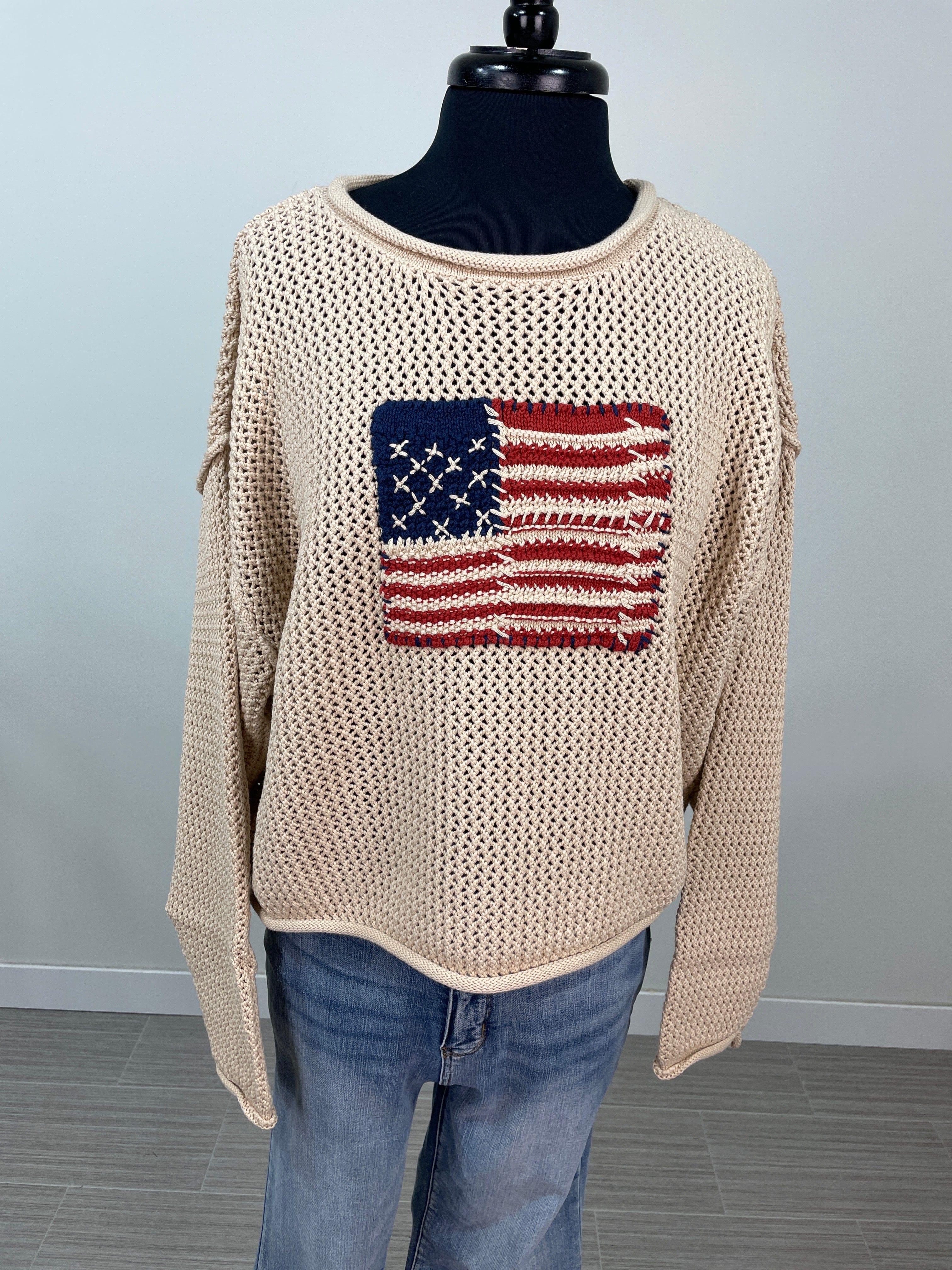 Camel American Flag Crewneck Sweater