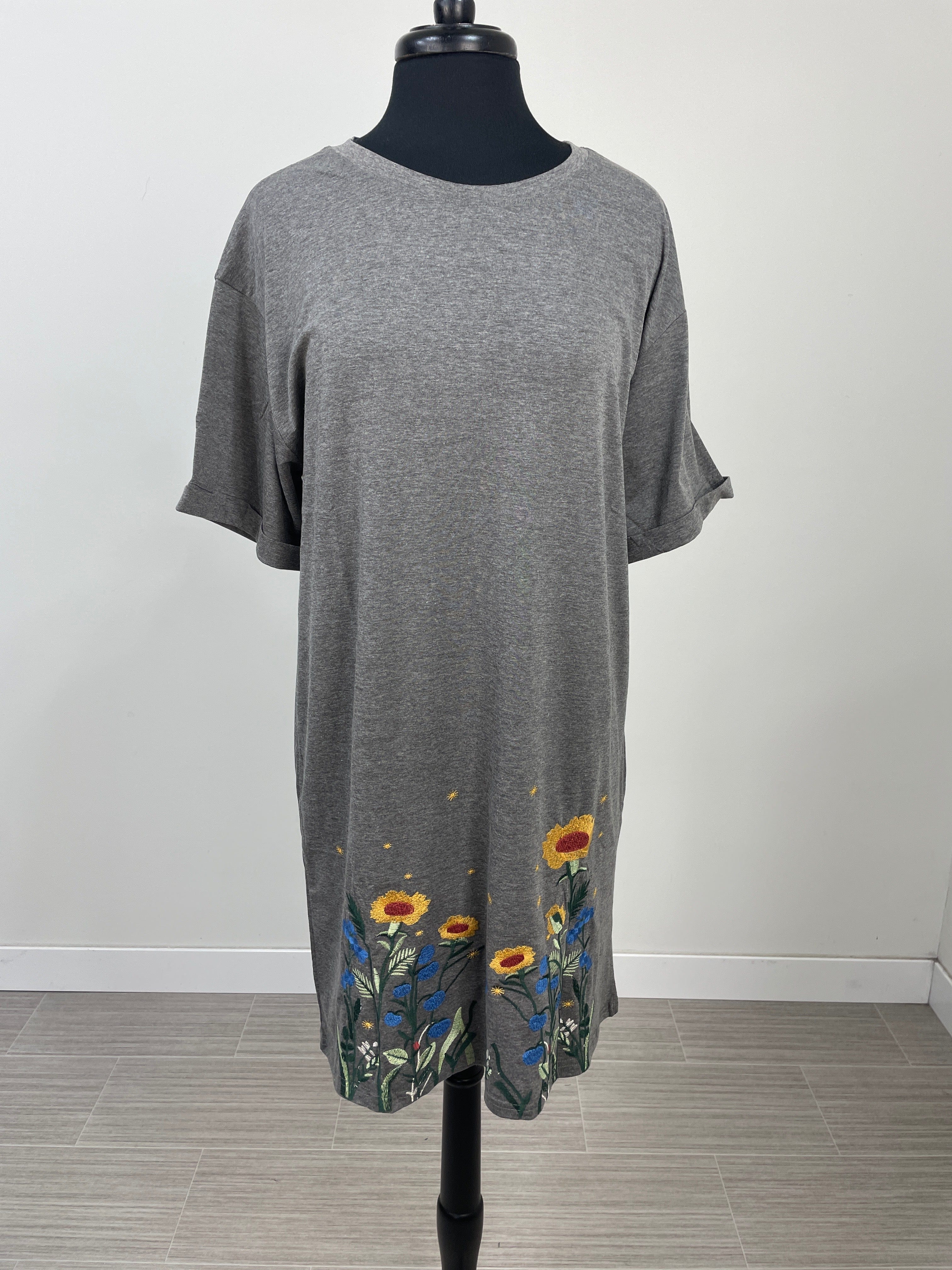 Grey Embroider Flower TShirt Dress