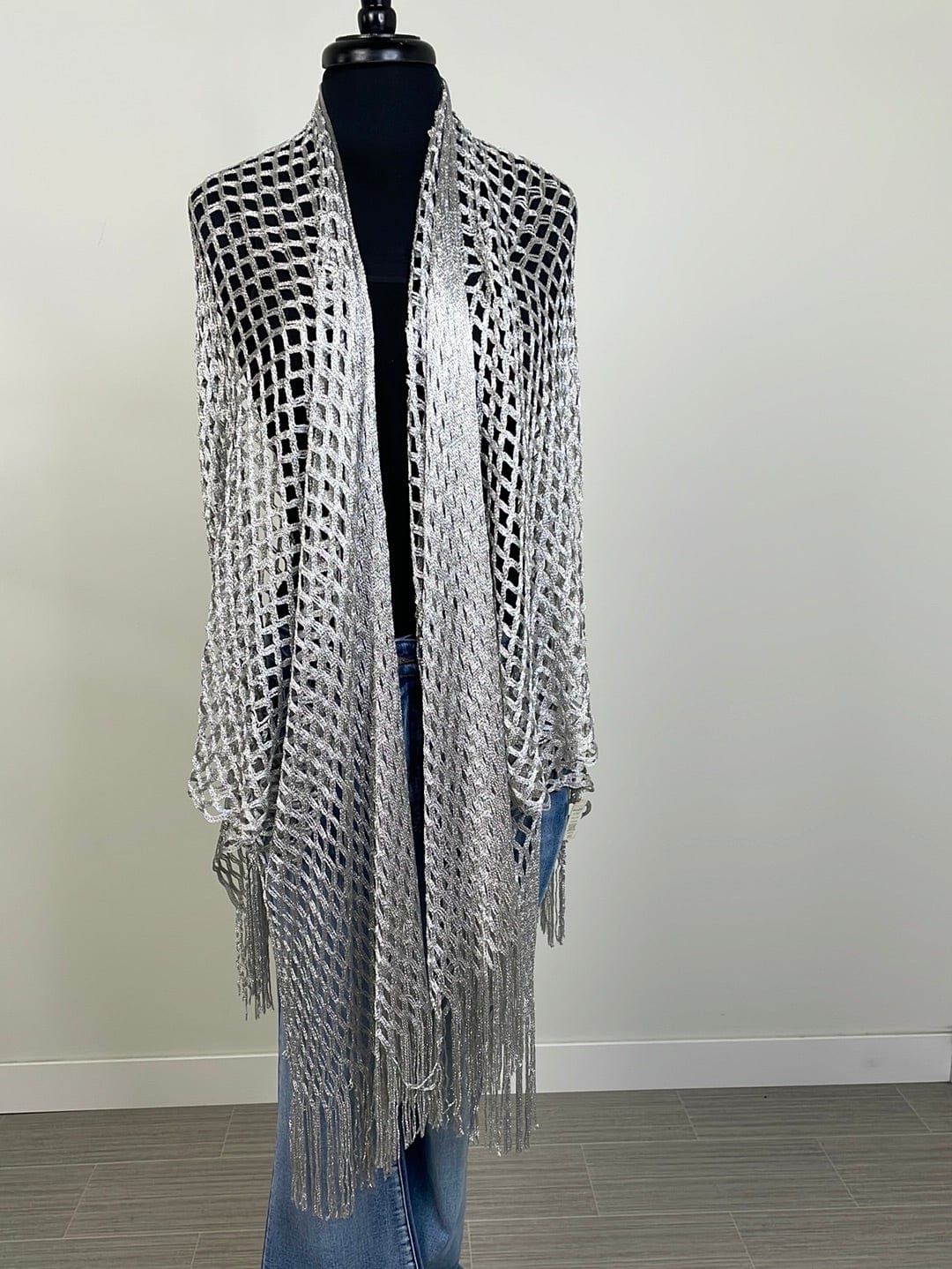 Silver Metallic Crochet Fringe Kimono