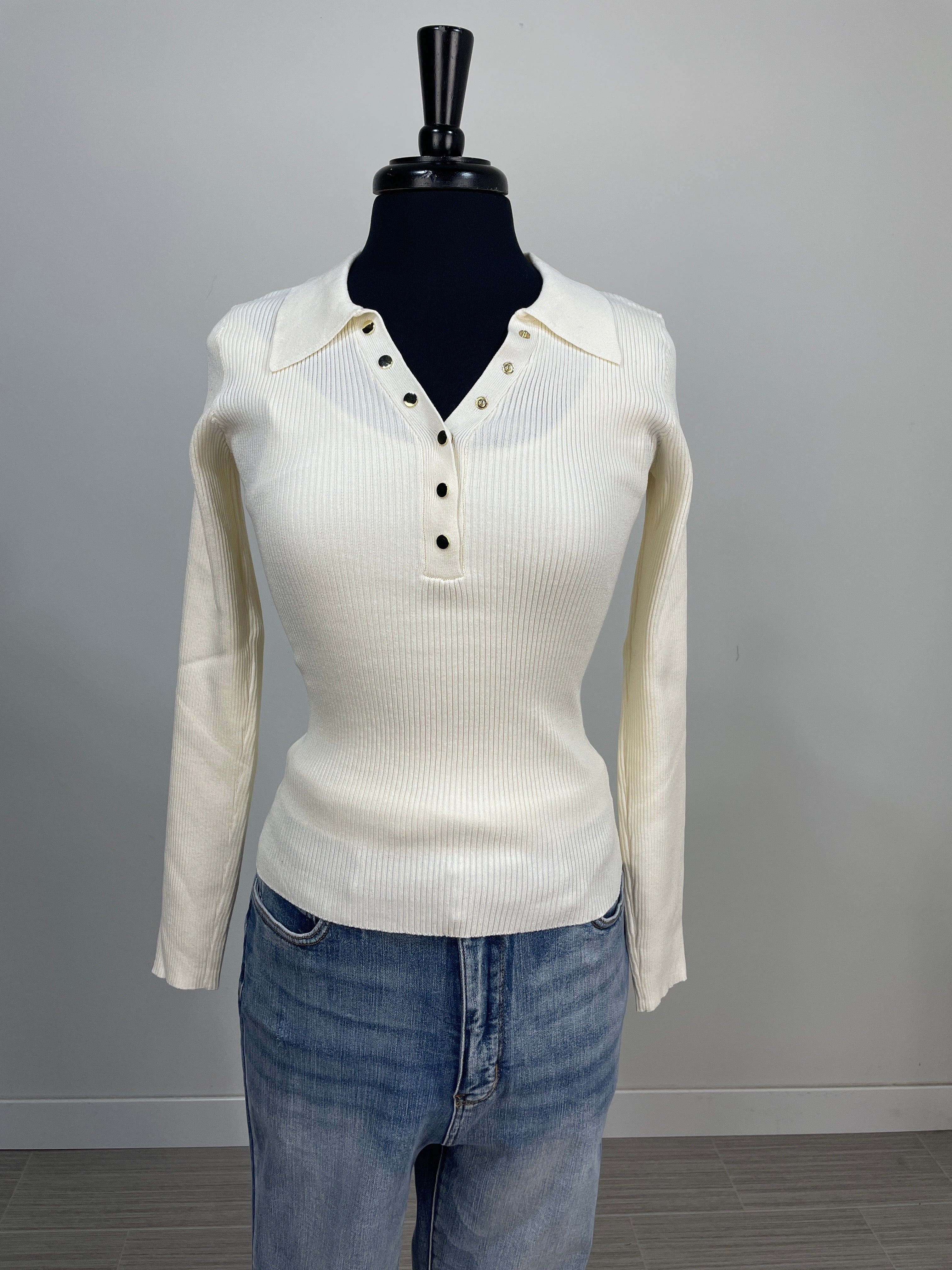Cream Collared Gold Snap Sweater
