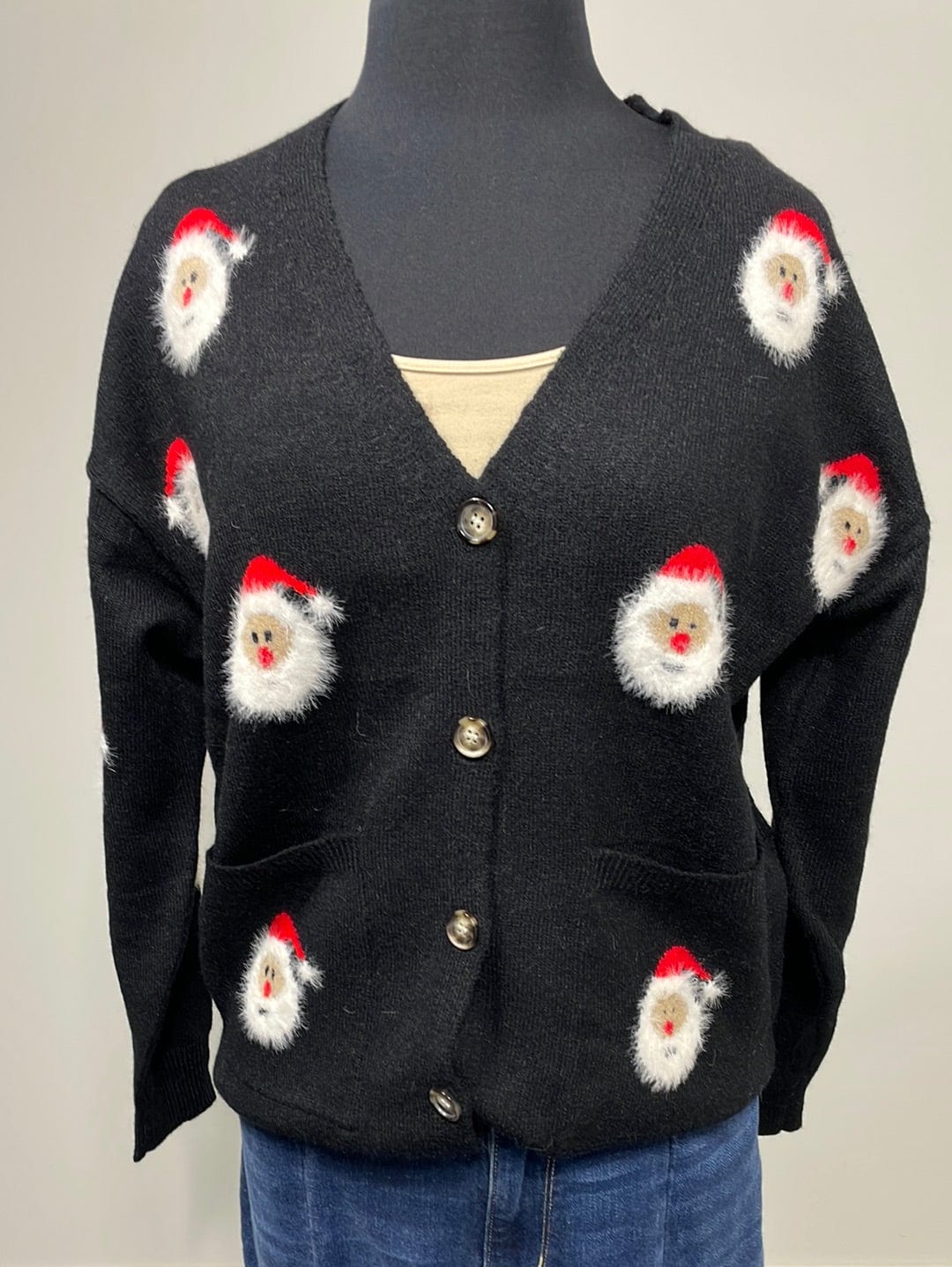 Santa Clause Pattern Black Cardigan