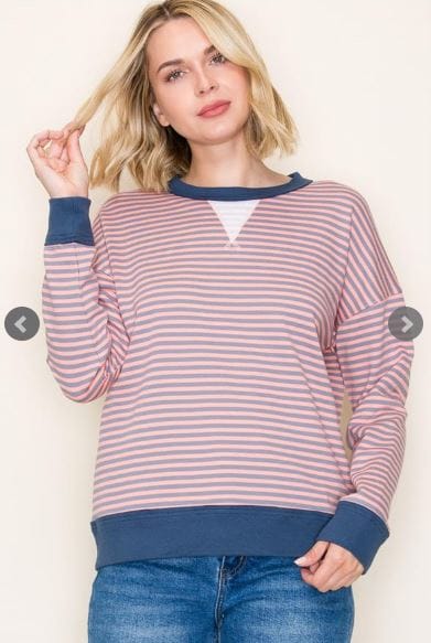 Pink & Charcoal Color Trim Pinstripe Sweatshirt