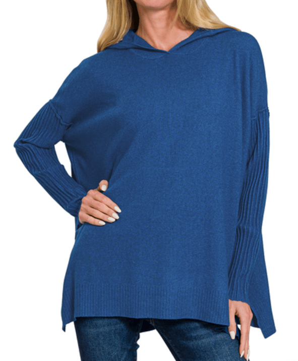 Heather Light Navy Hooded Ribbed Sleeve Sweater