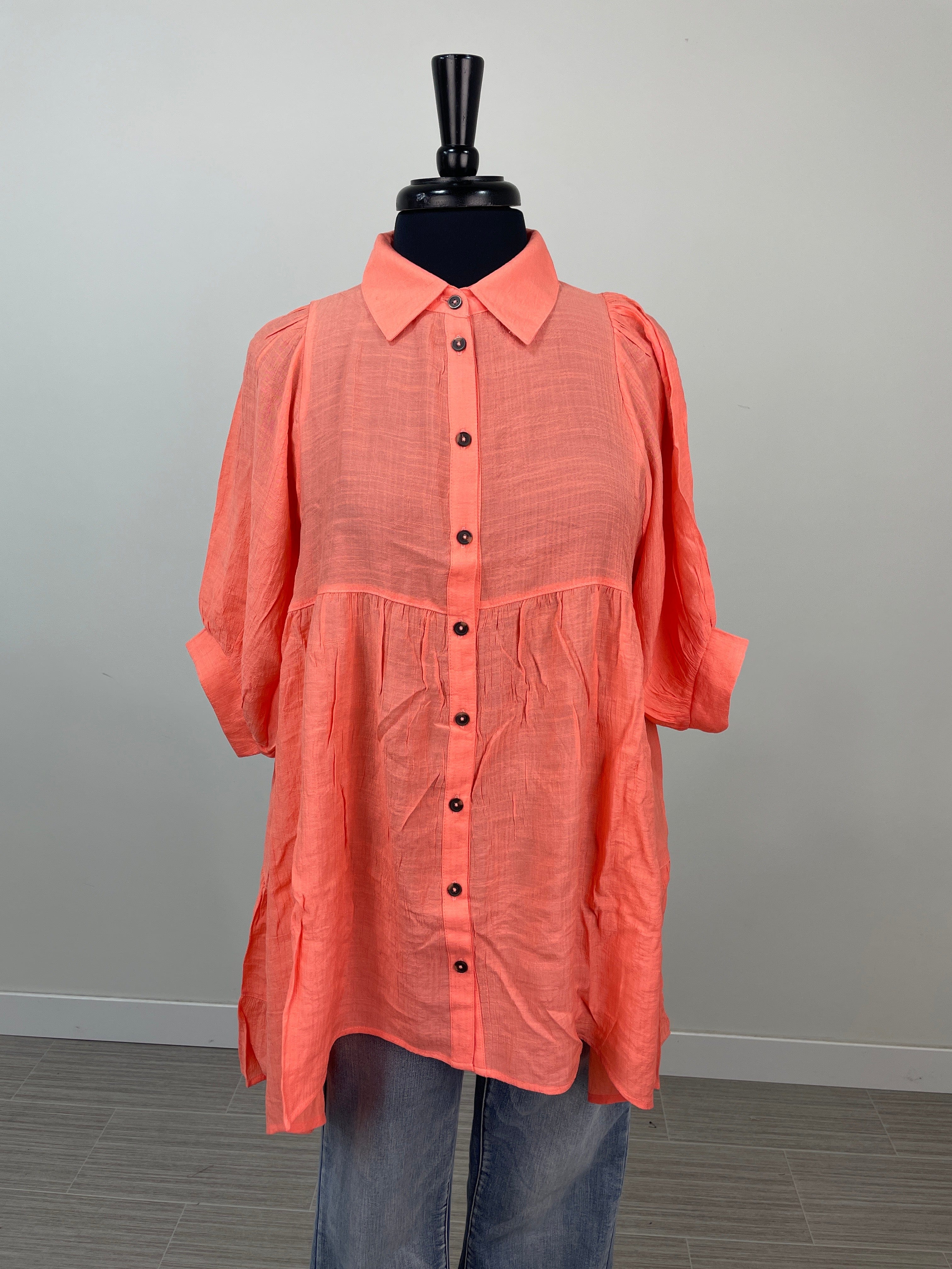 Coral Tiered Back Button Up Tunic