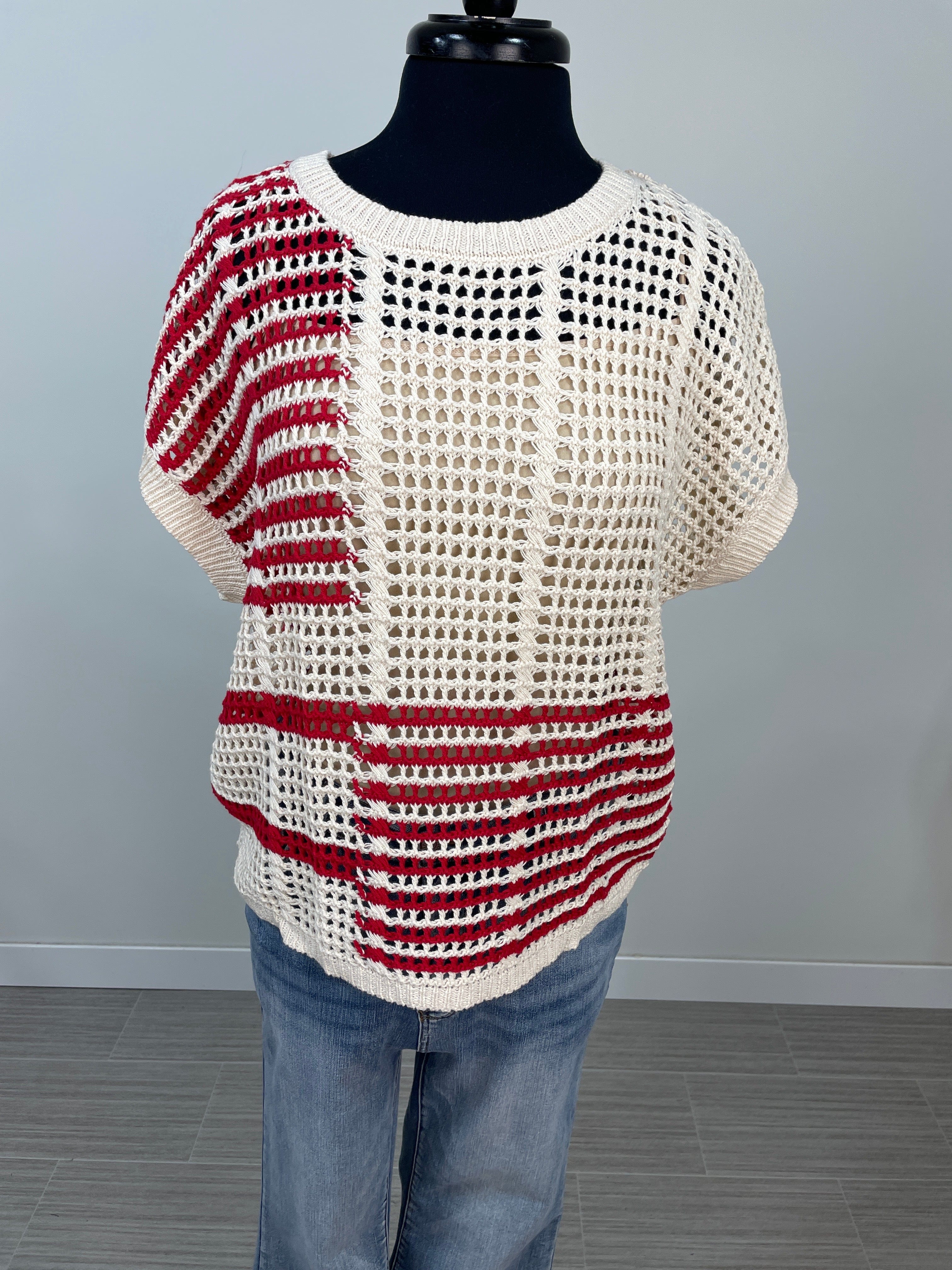 Cream & Red Multi Stripe Crochet Knit Top