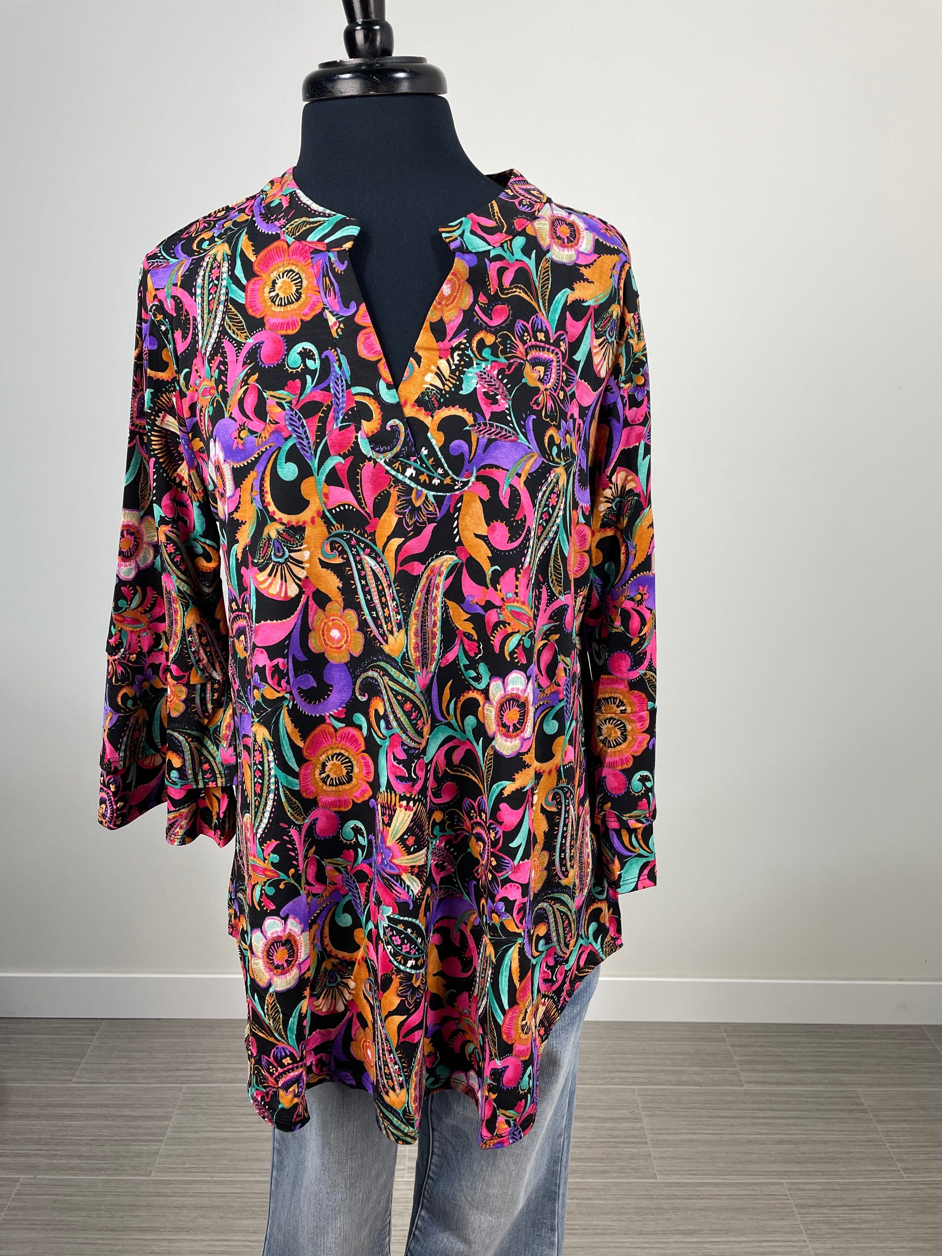 Black Colorful Floral Bell Sleeve Lizzy Top