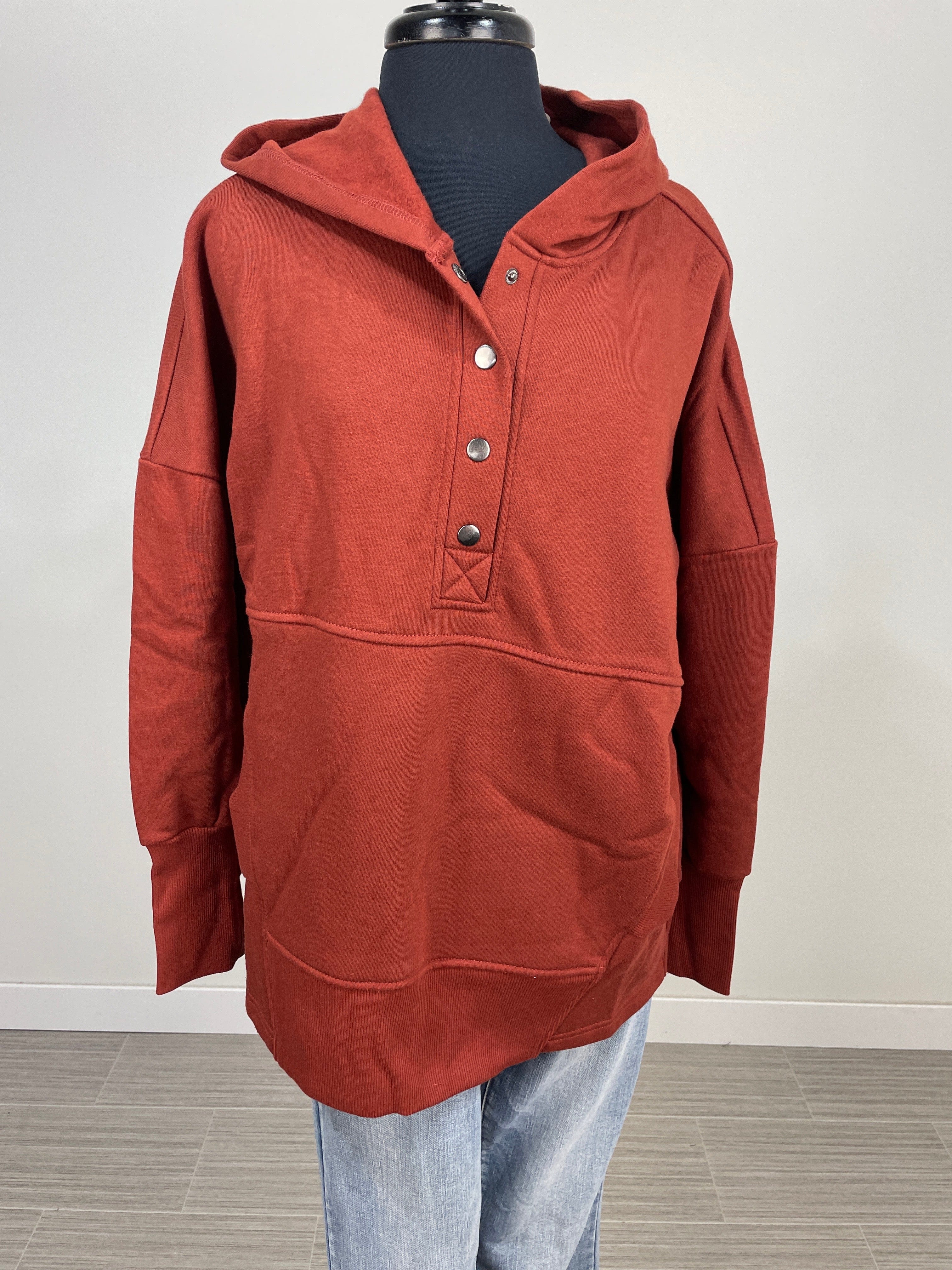 Rust Half Button Hooded Pullover