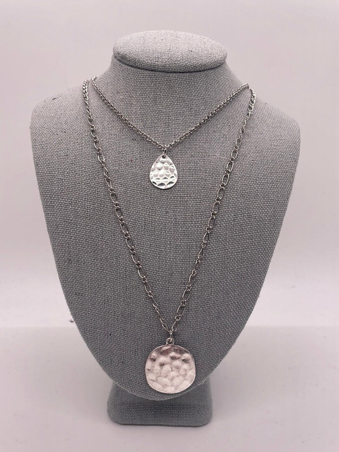 Silver 2-Layer Hammered Teardrop Necklace
