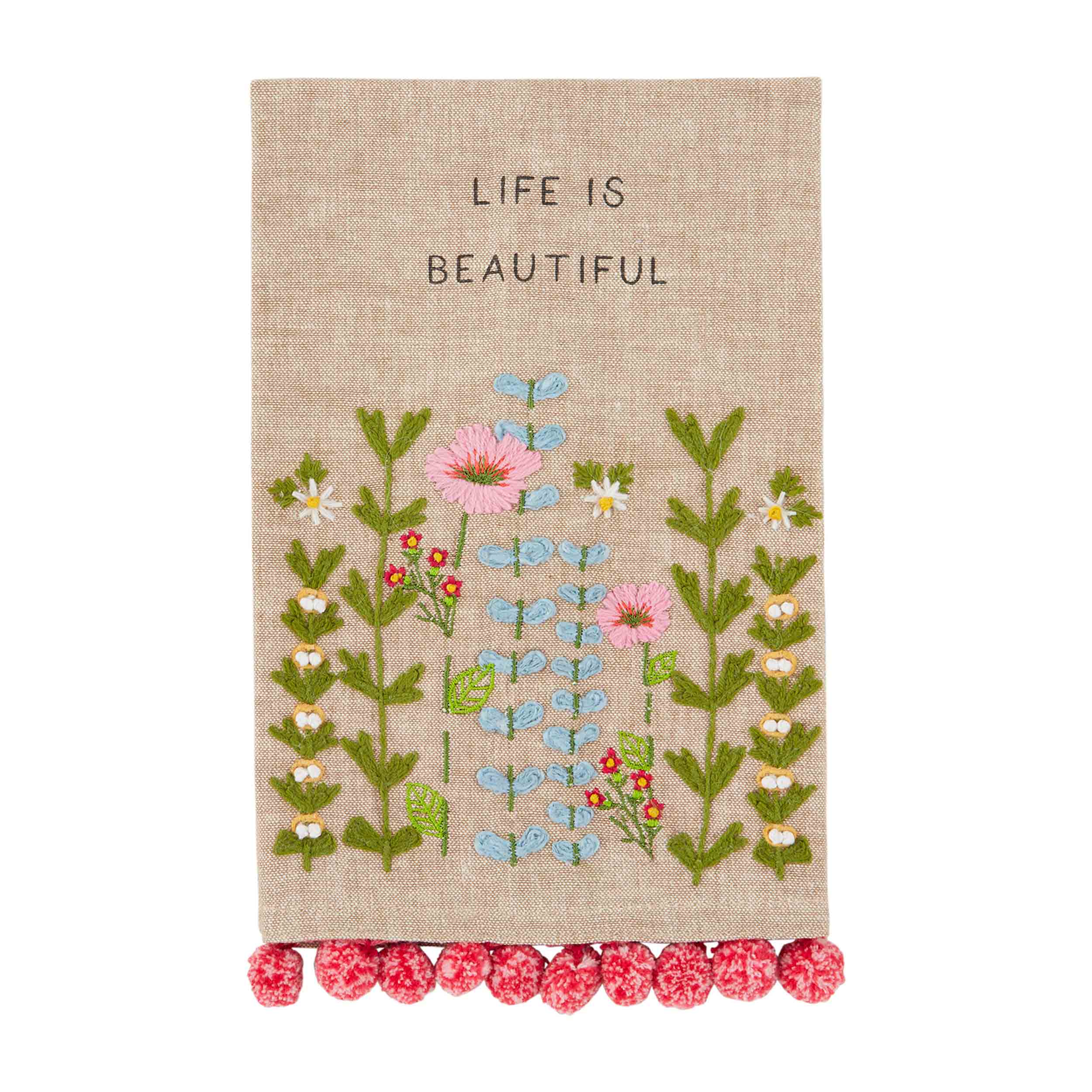 Life Is Beautiful Floral Embroidery Pom Towel