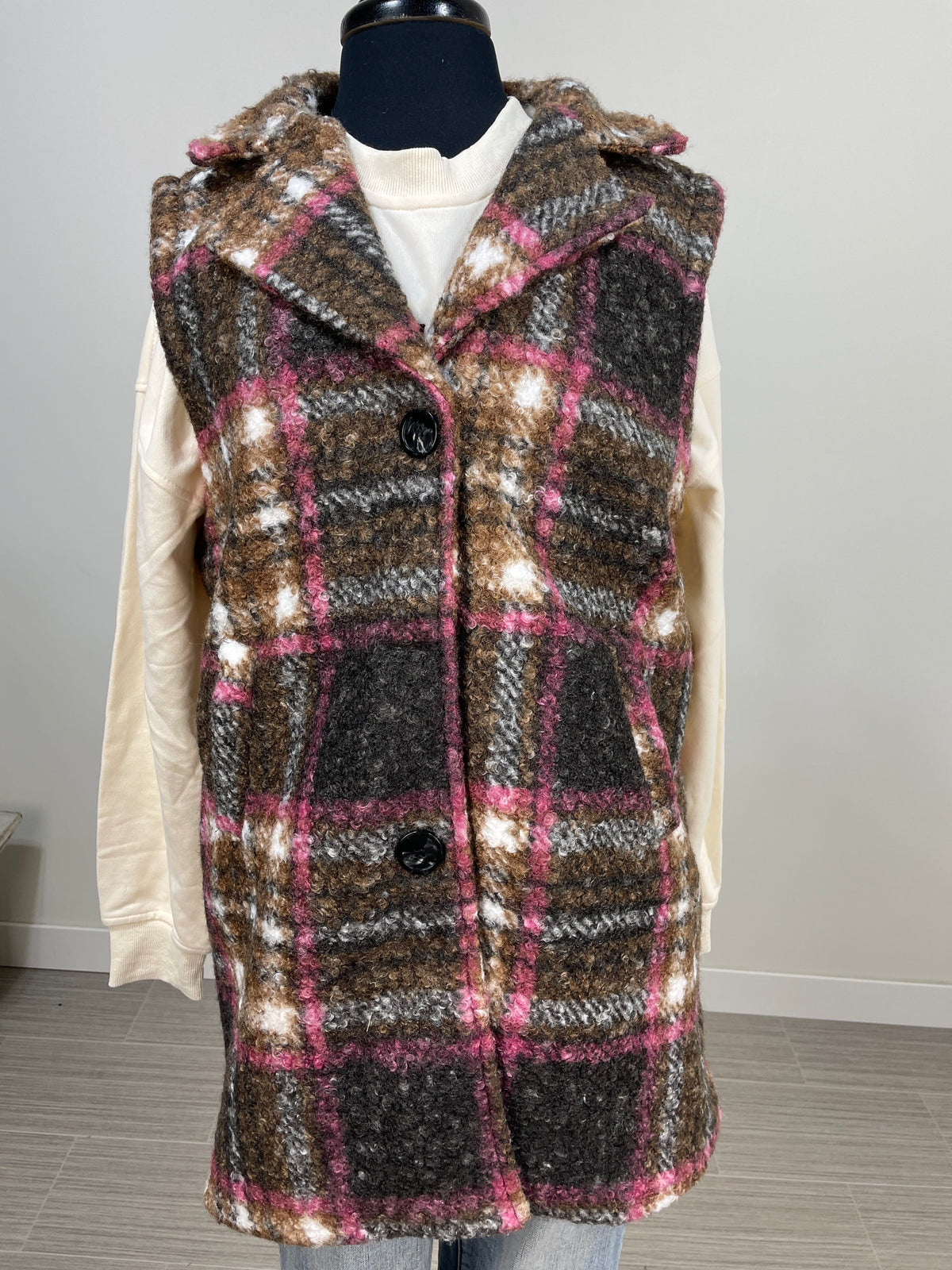 Brown & Pink Plaid Fuzzy Vest