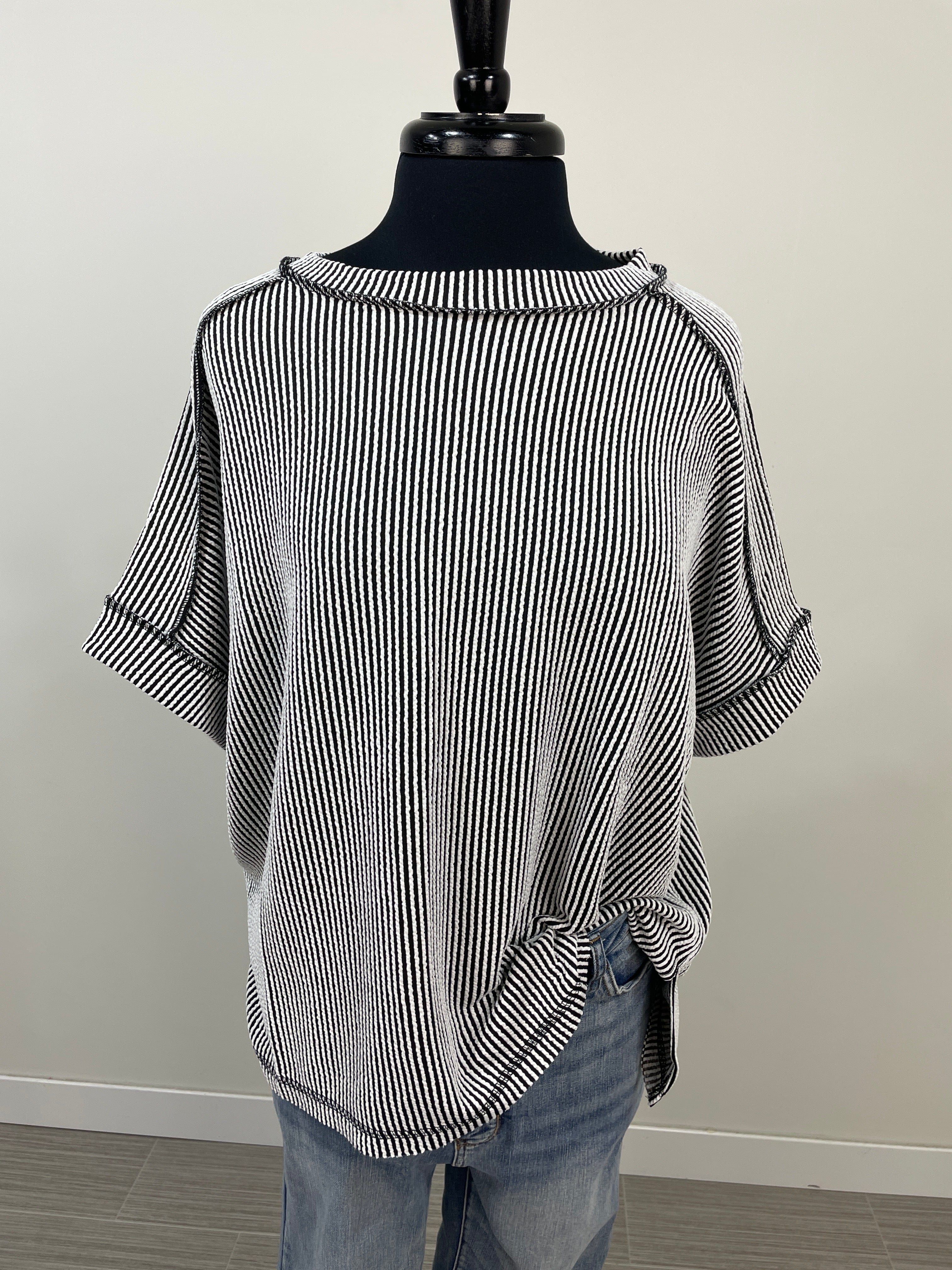 Black & White Raised Rib Cuff Sleeve Top