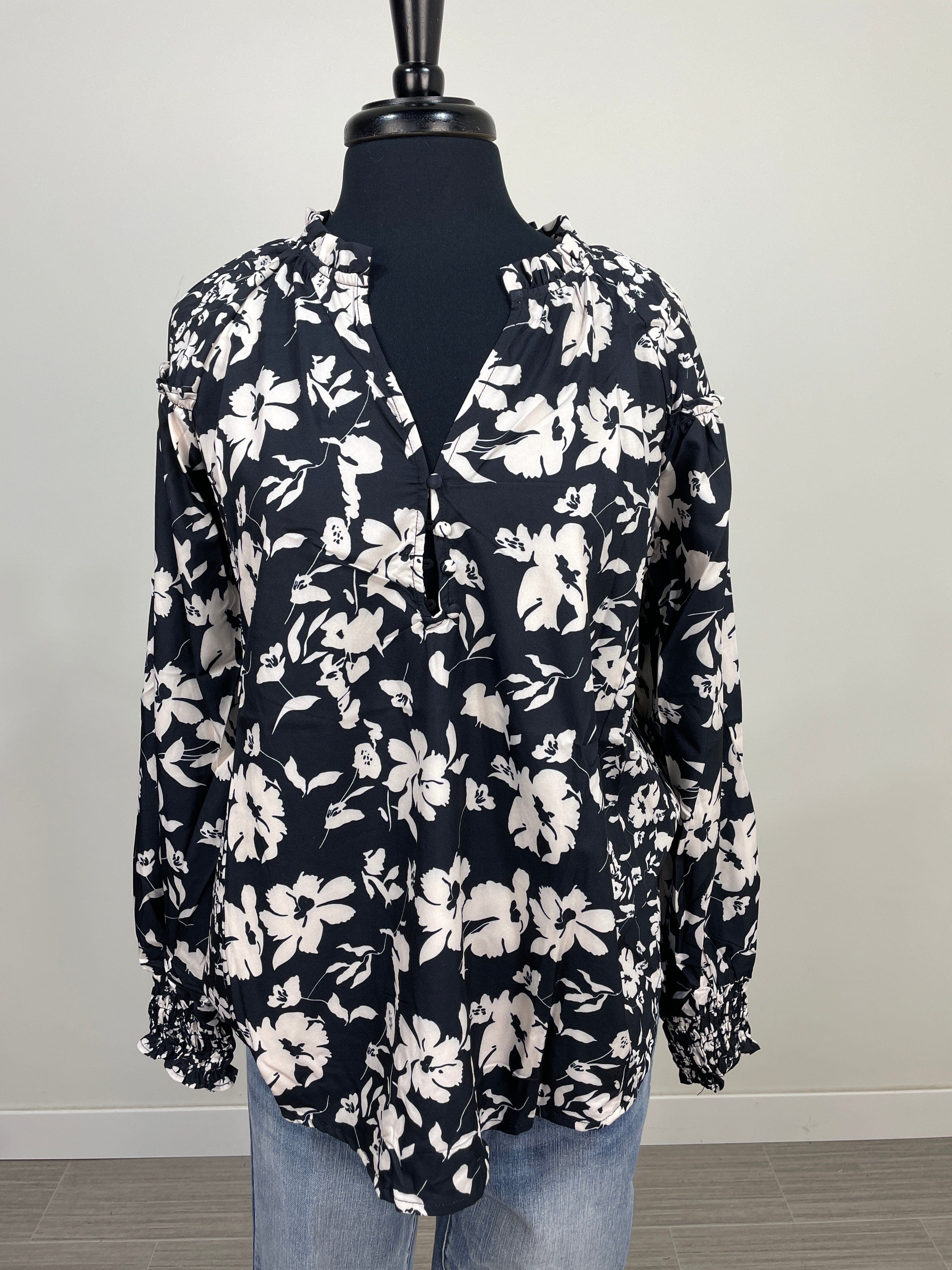 Black Floral Printed Peasant Top