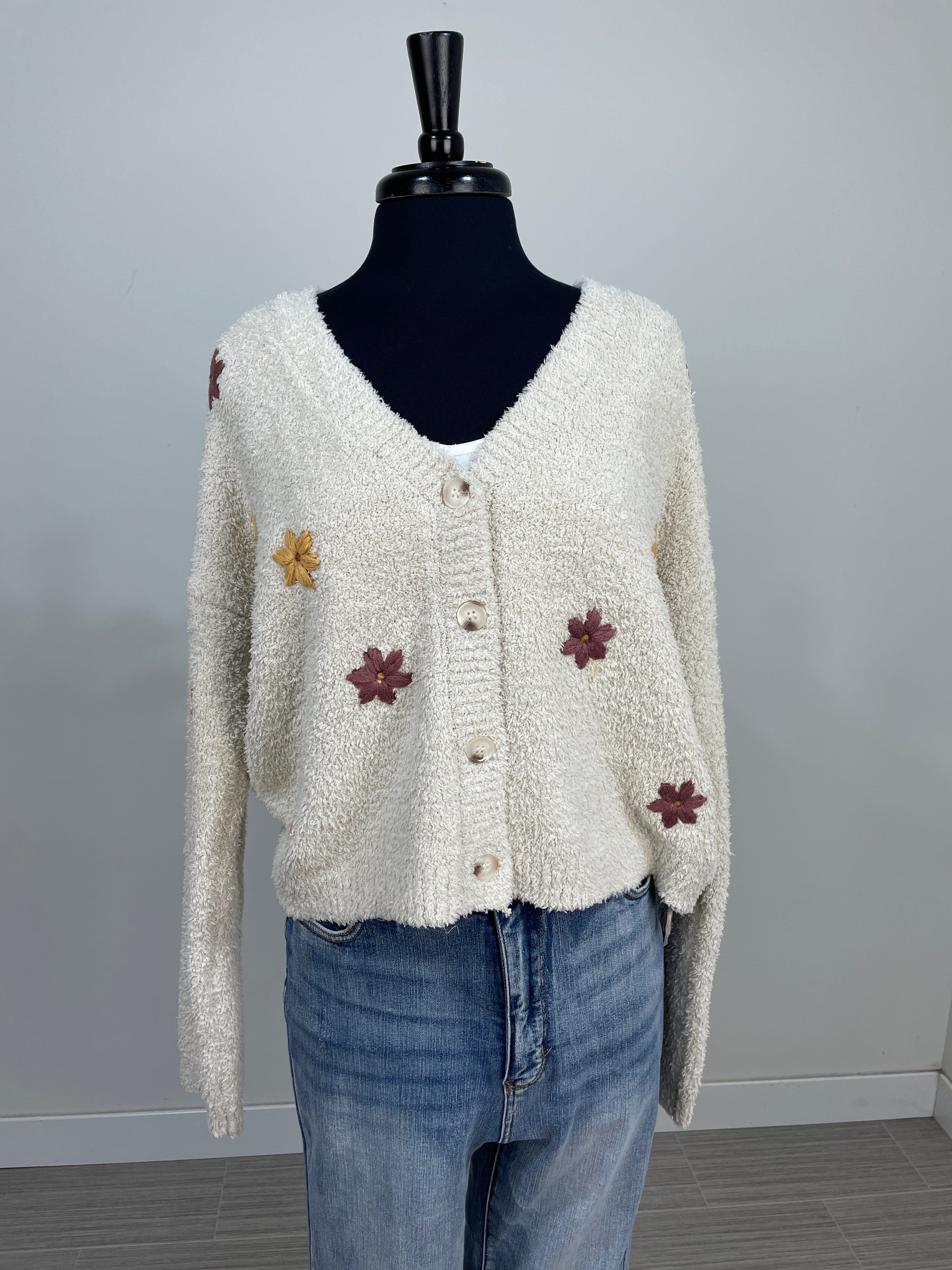 Ecru Cardigan With Embroidered Flowers