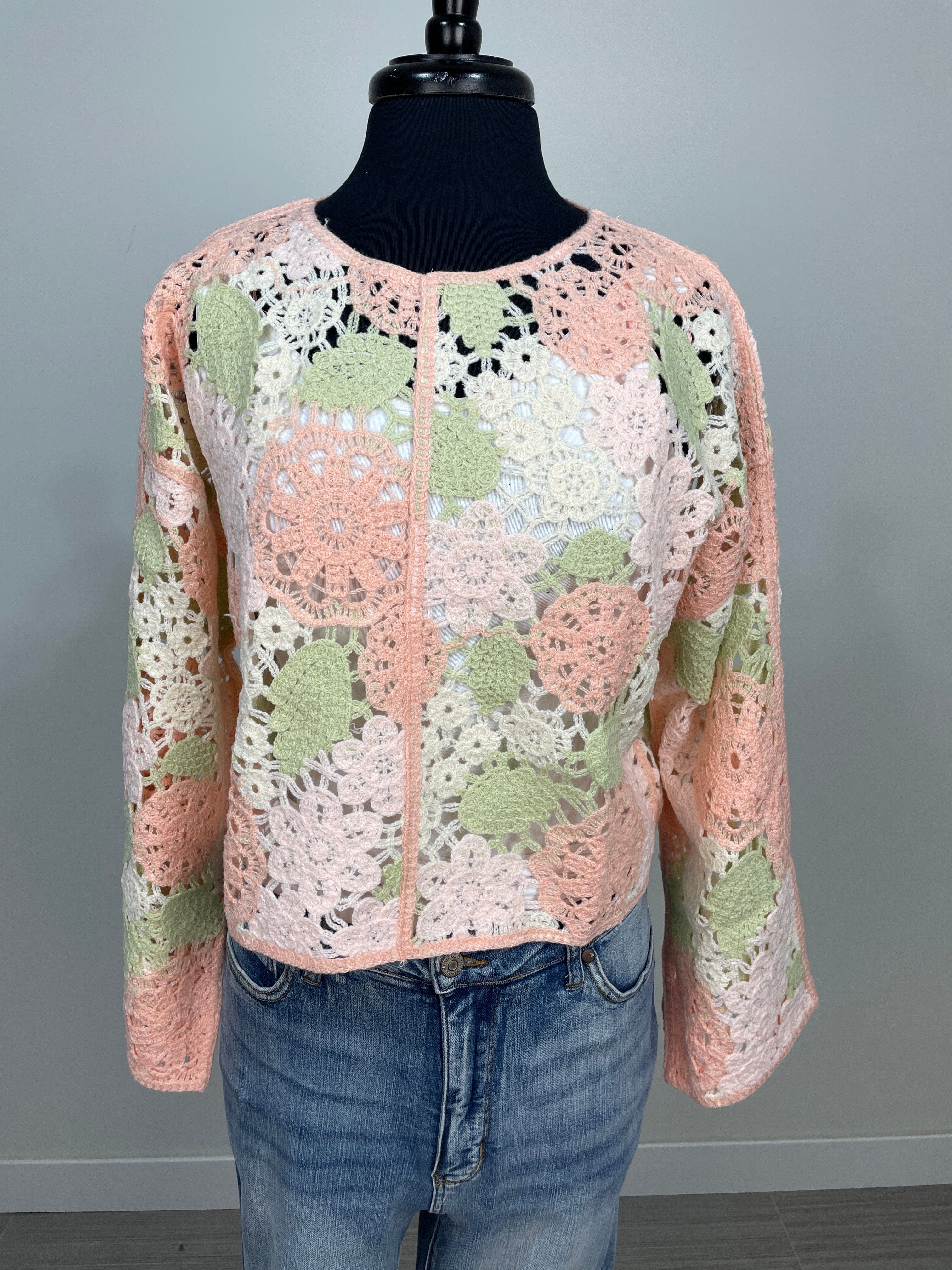Pink Floral Crochet Overlay Sweater