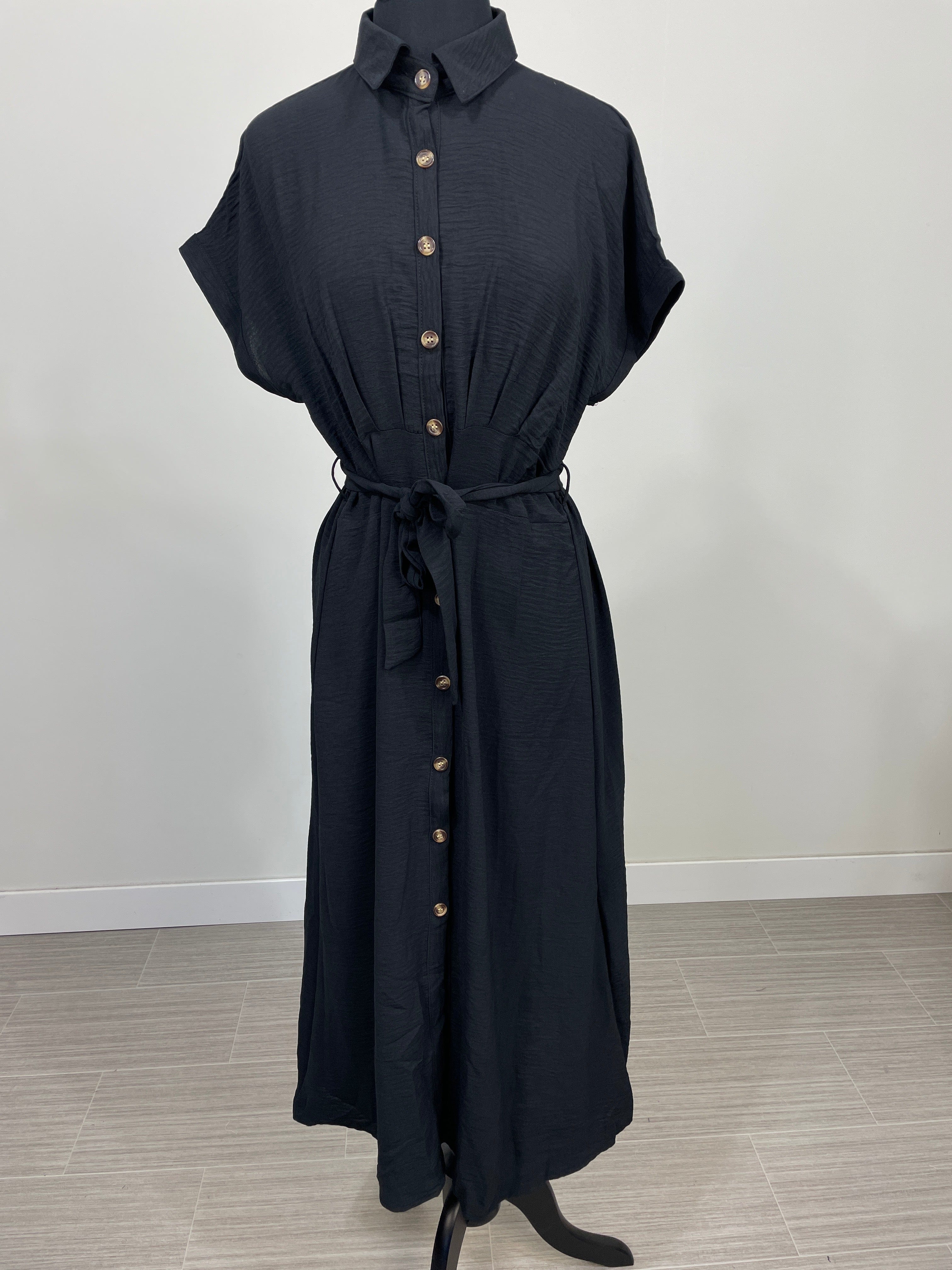 Black Long Button Dress w/Belt