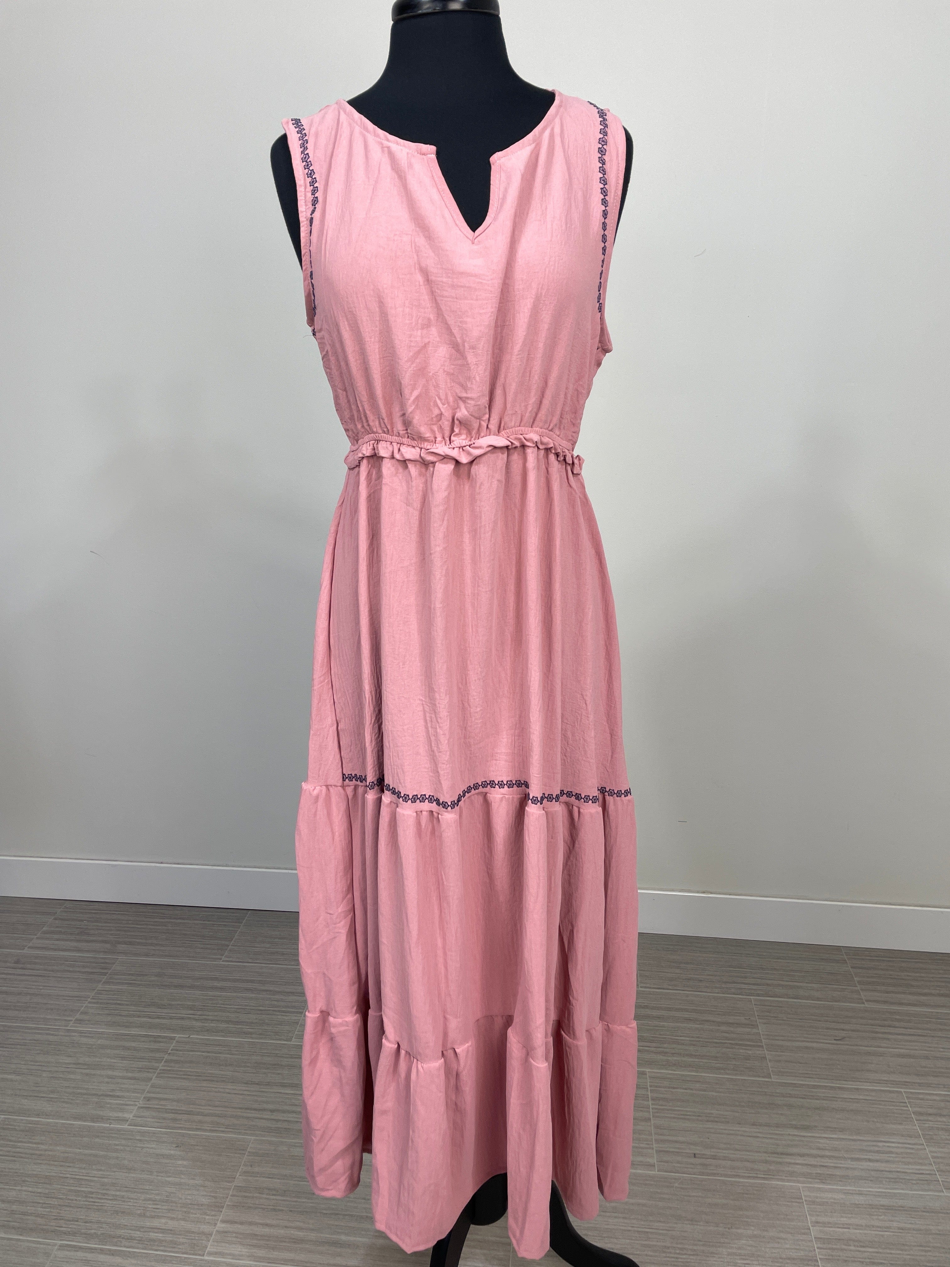 Dusty Pink Tiered Embroidered Dress