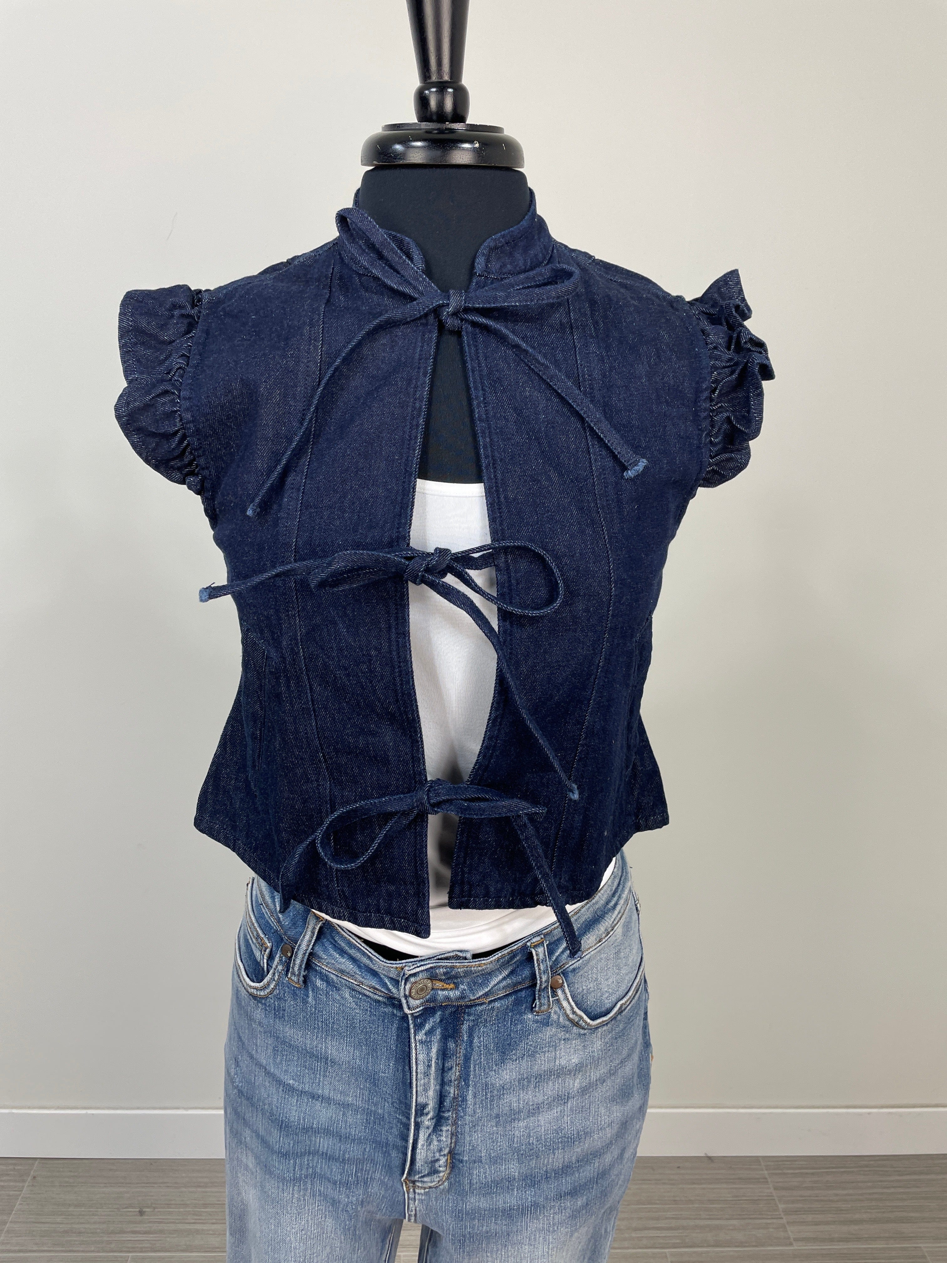 Dark Denim Ruffle Tie Front Vest
