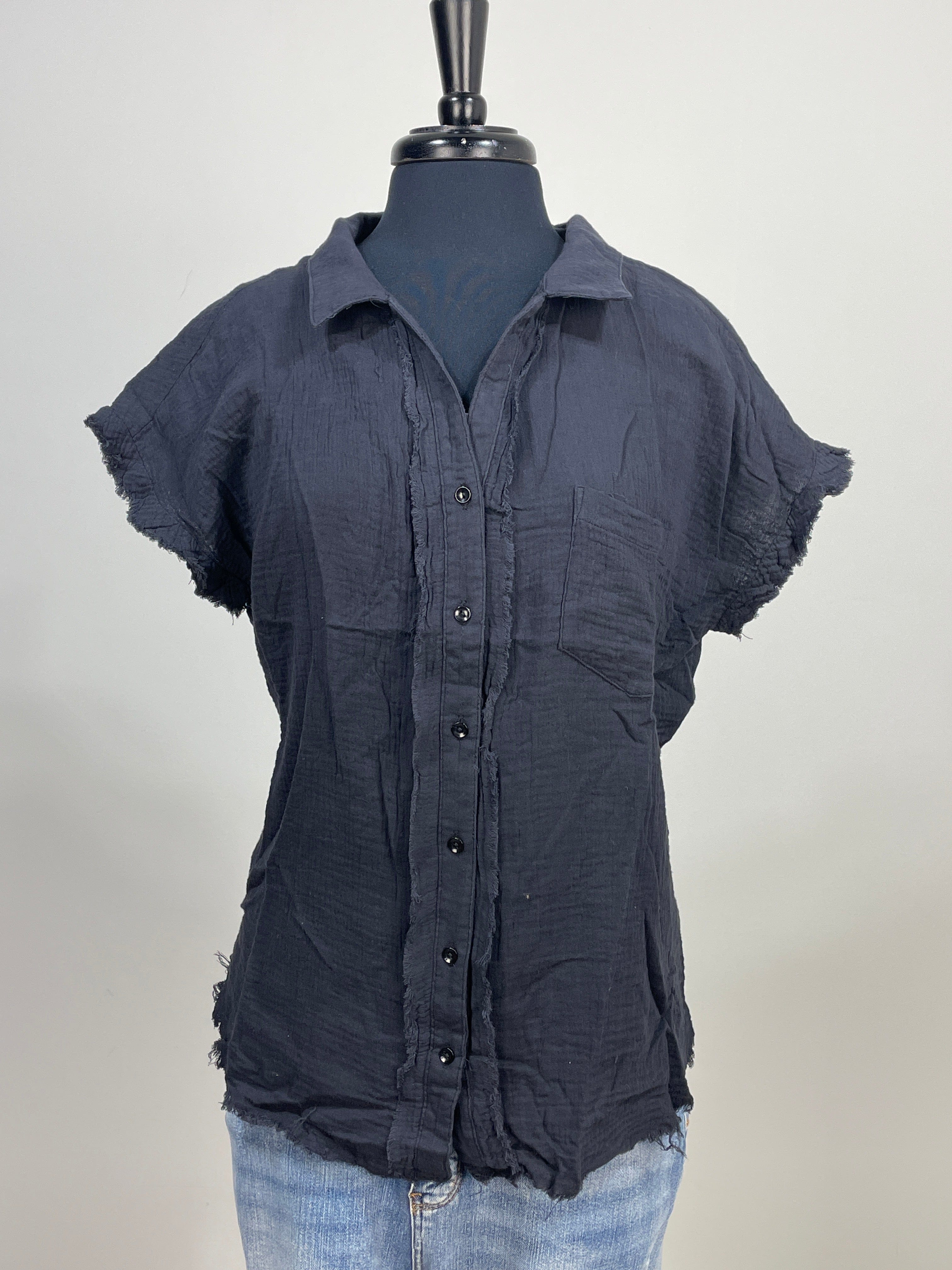 Black Gauze Button Up Top