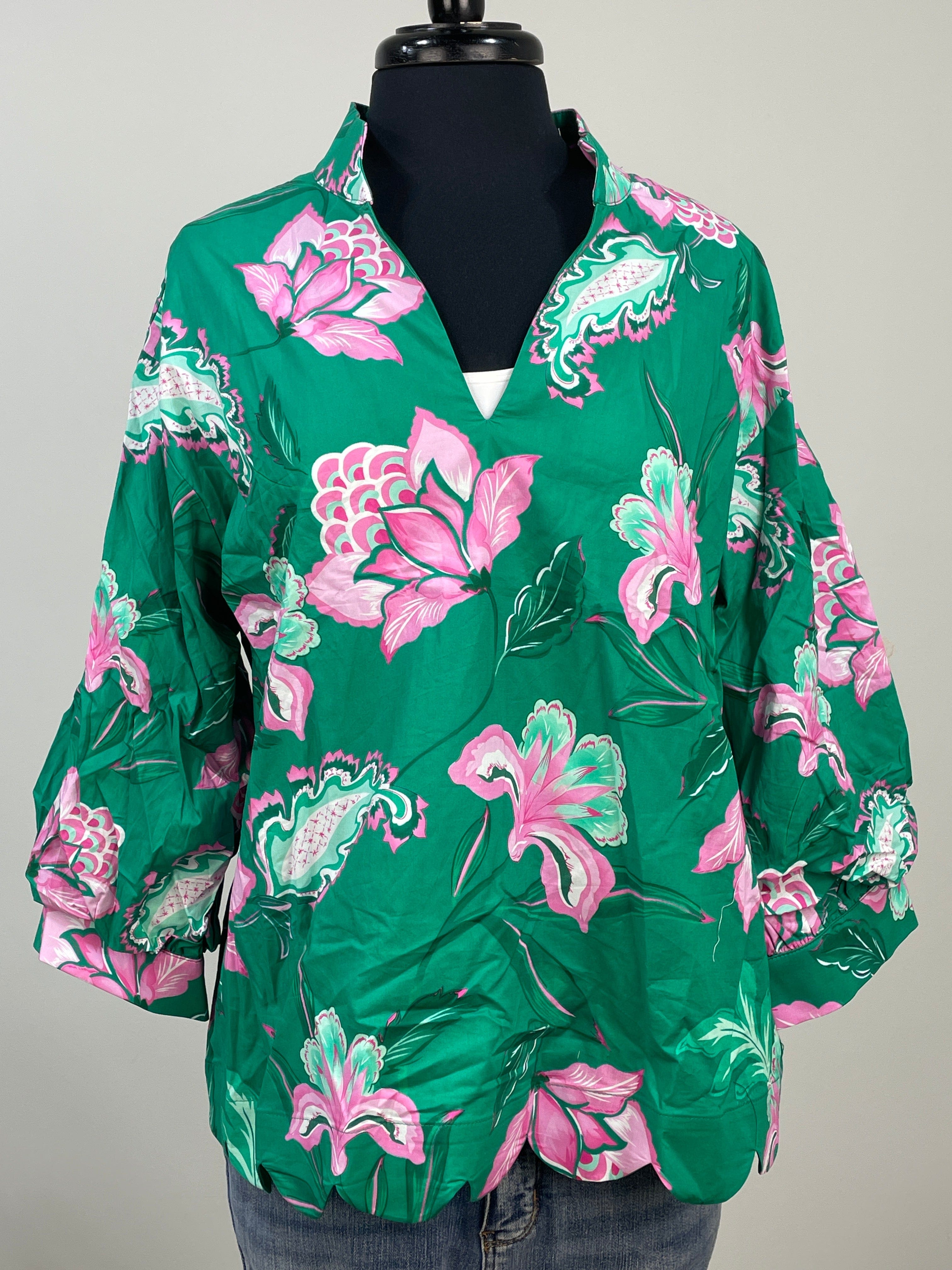 Green & Pink Floral Scallop Blouse