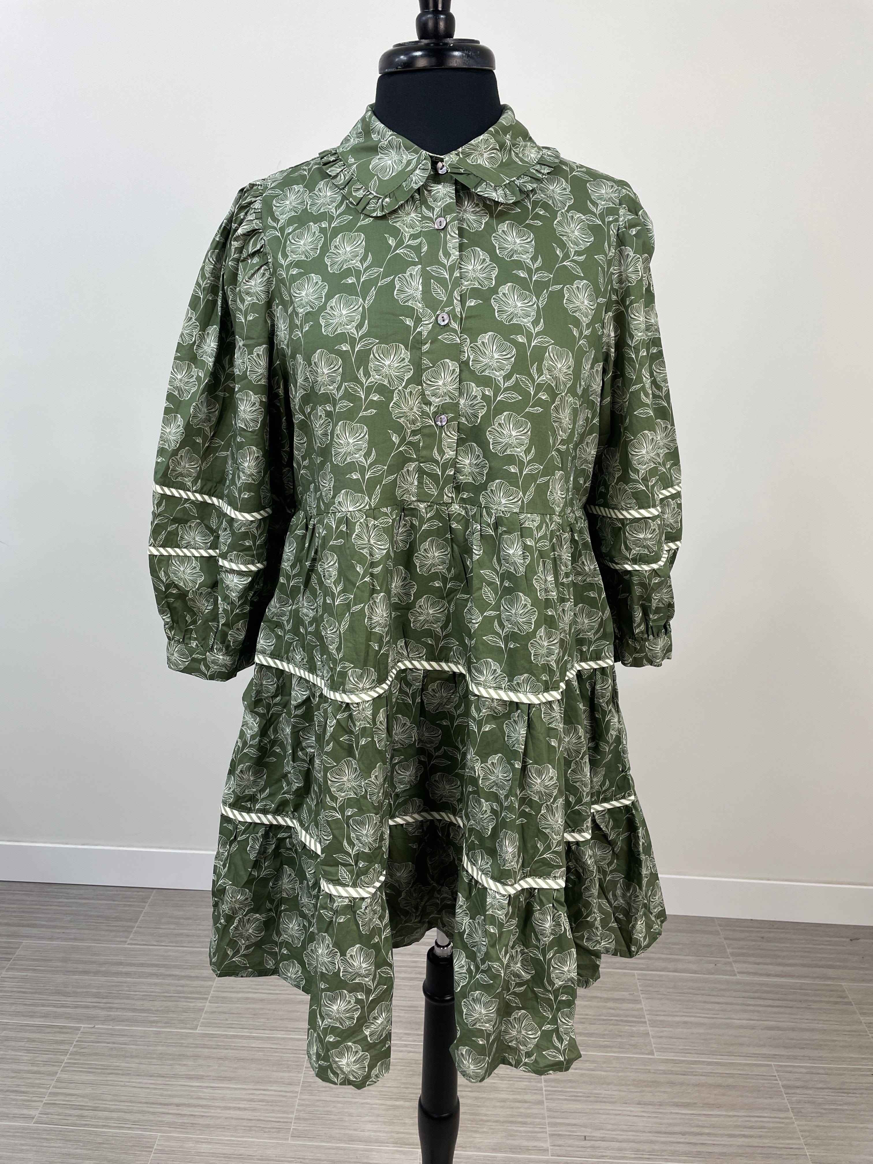 Olive Pansy Floral Tiered Dress