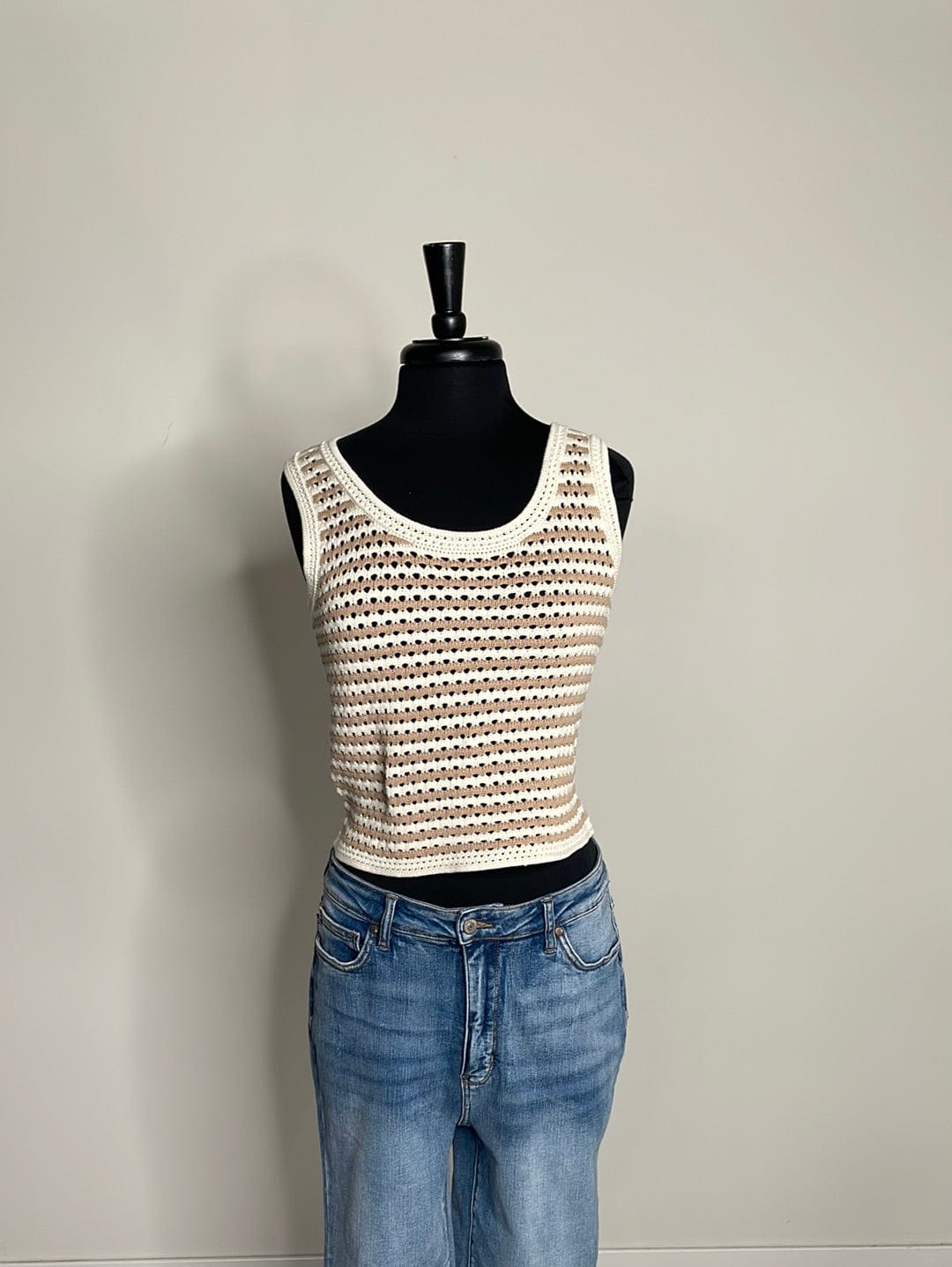 Taupe Striped Crochet Tank Top