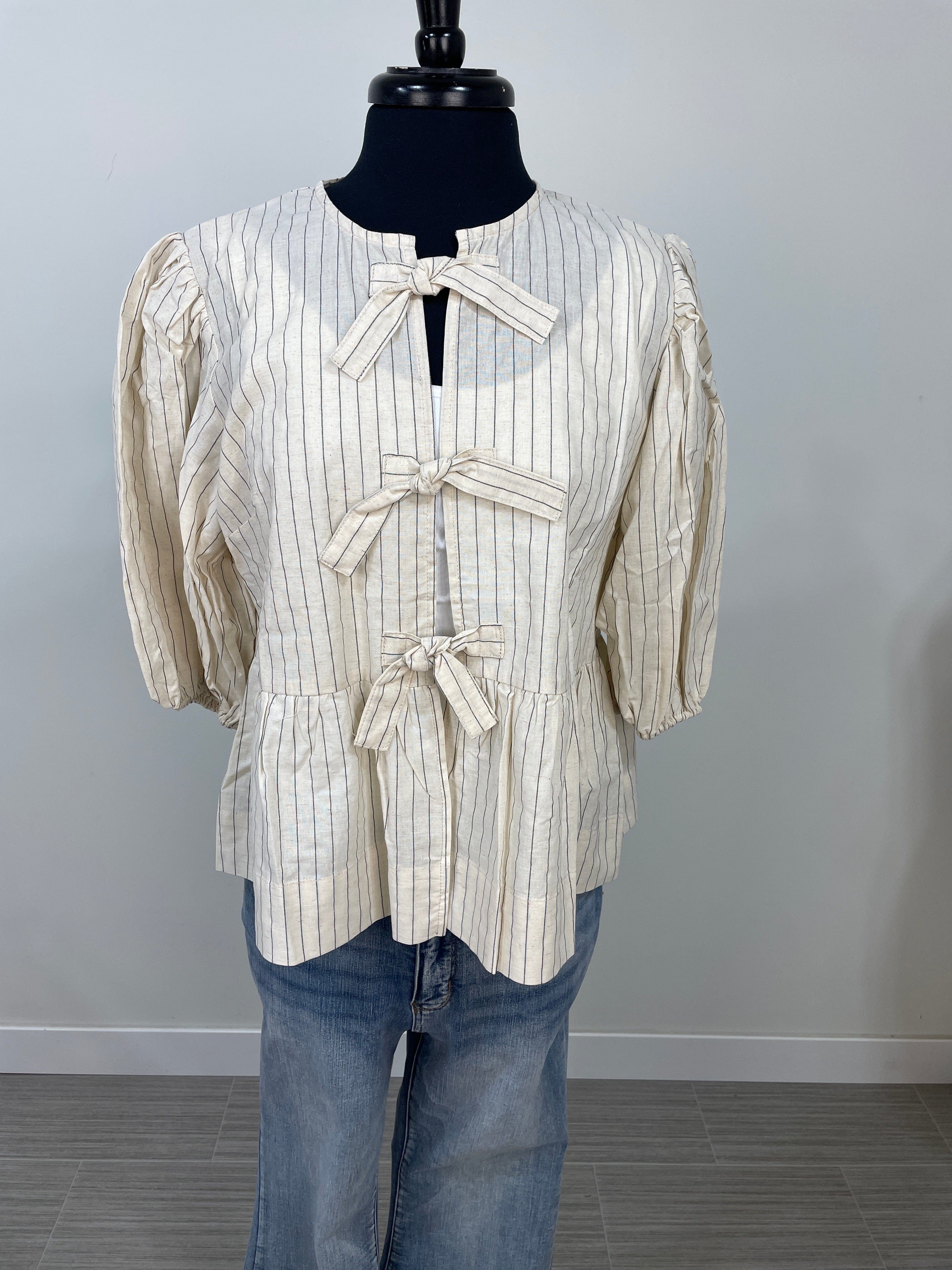 Oatmeal Front Tie Detail Striped Blouse