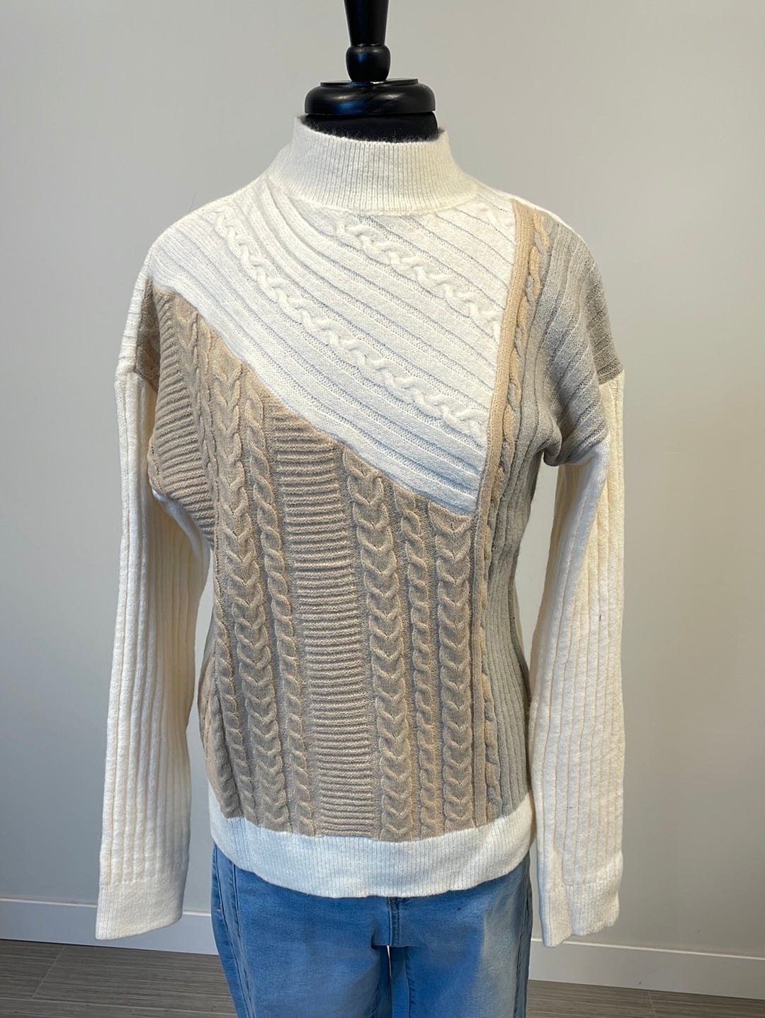 Ivory & Sand Colorblock Mock Neck Sweater