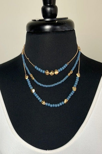 Blue Triple Layer Bead Necklace, dressed